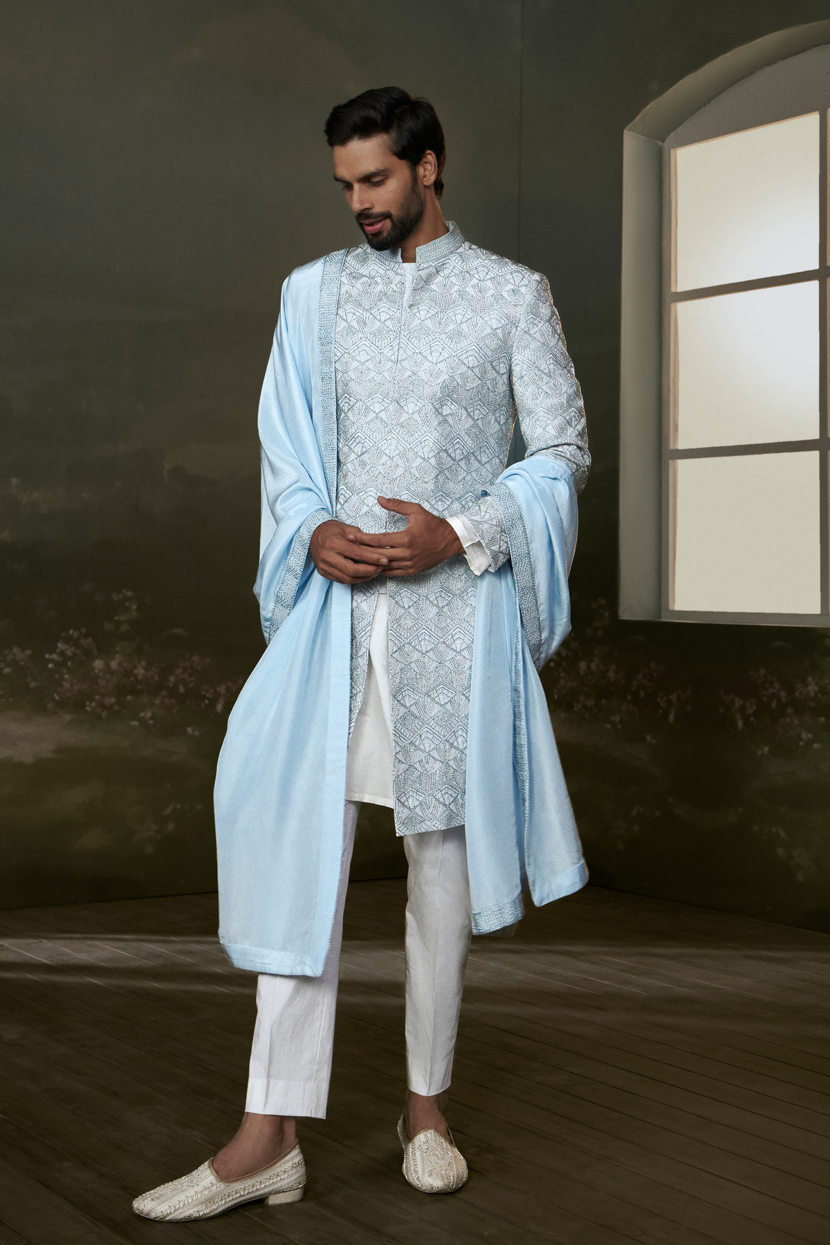 White  embroidered raw silk sherwani Set