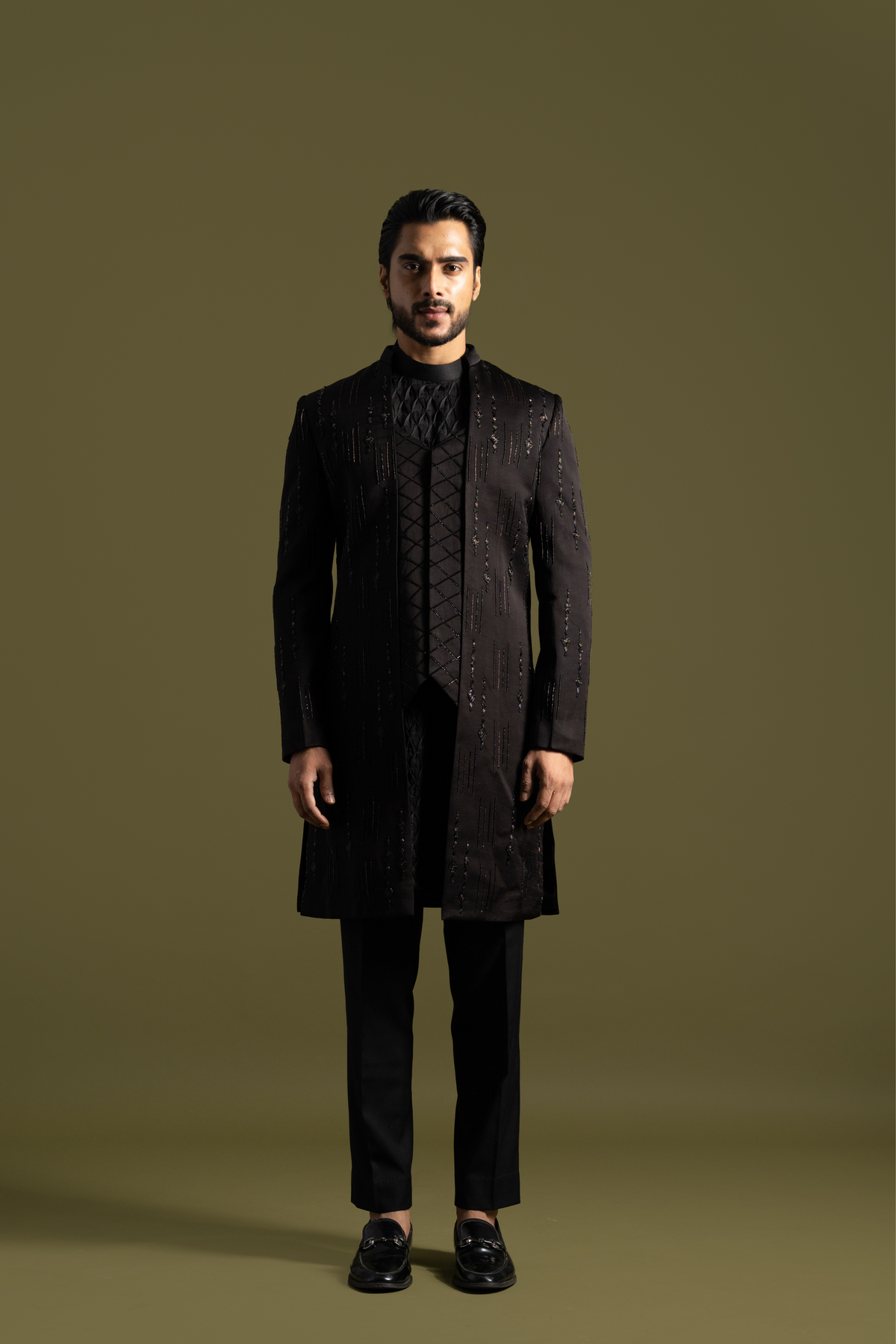 Black Linen Satin Double Panel Achkan Set