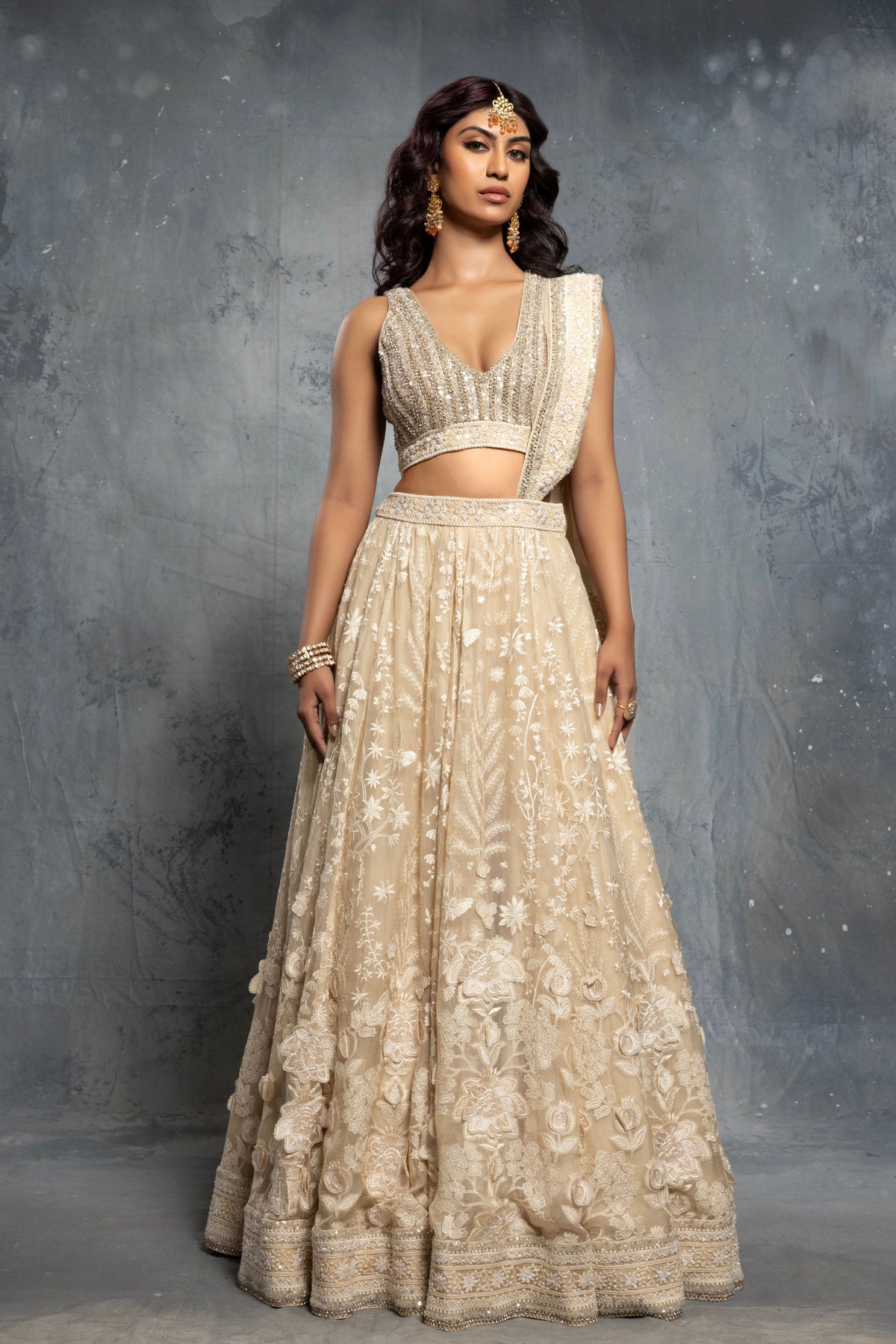 Ecru Tropical Motif Lehenga Set