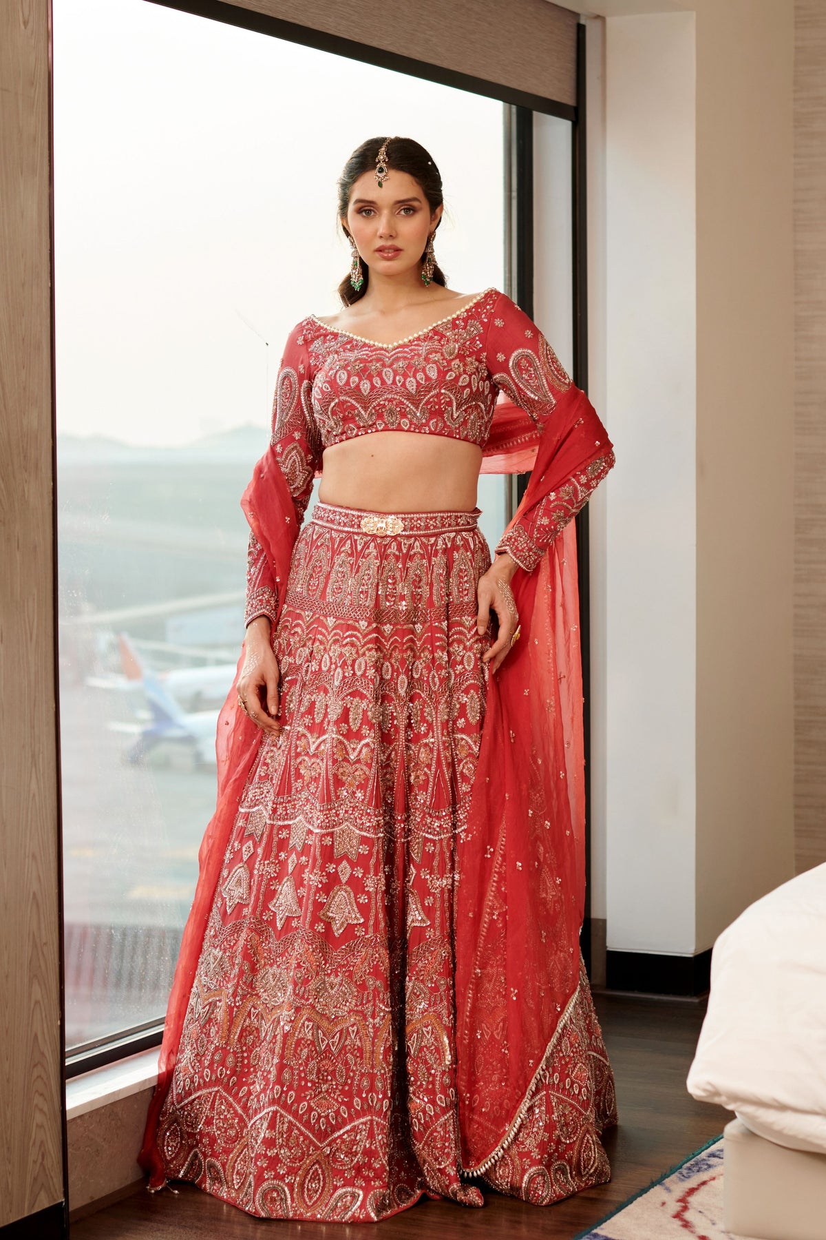 Tomato Red Embroidered Lehenga Set