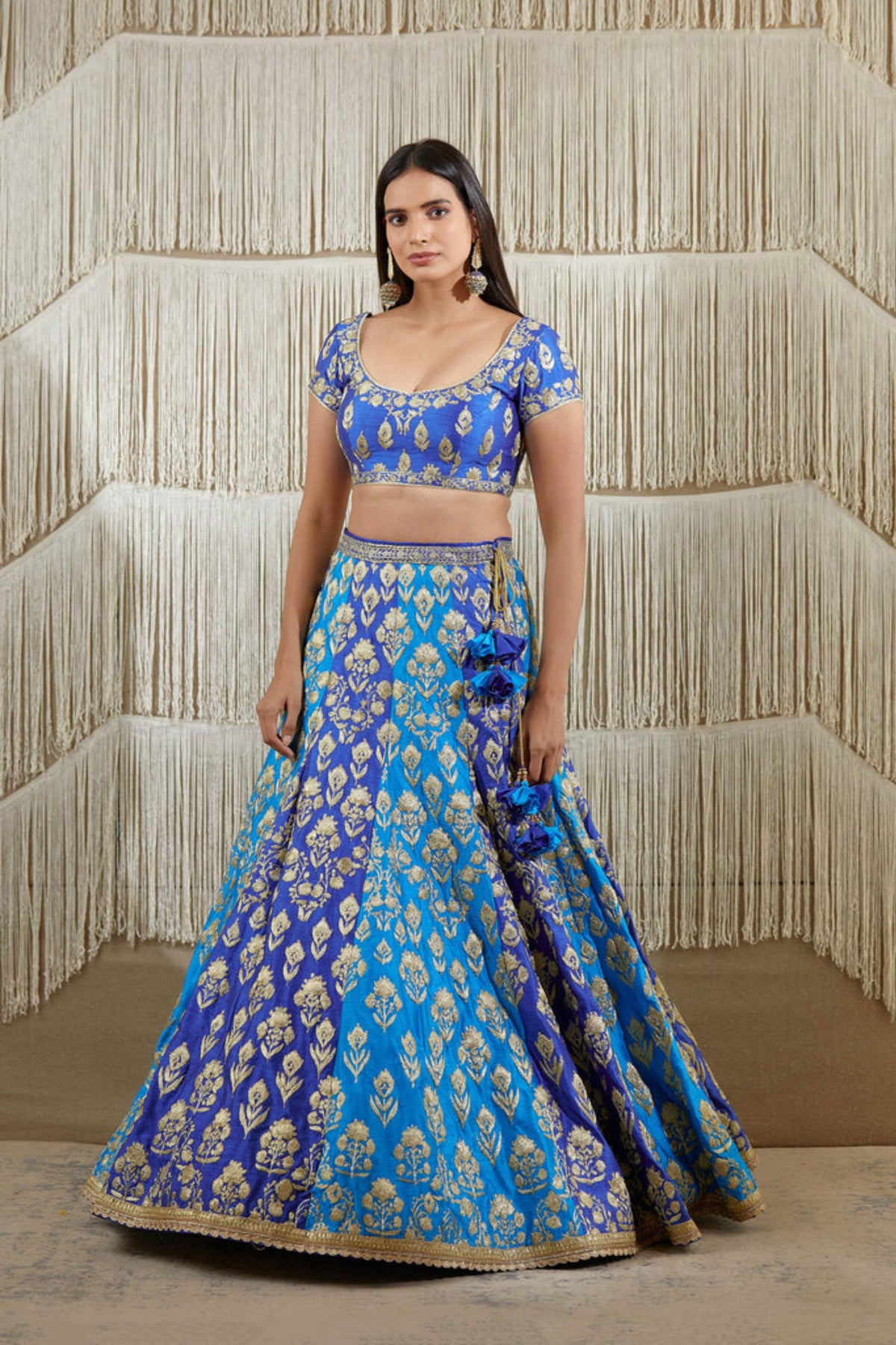 Blue metallic embroidered lehenga set