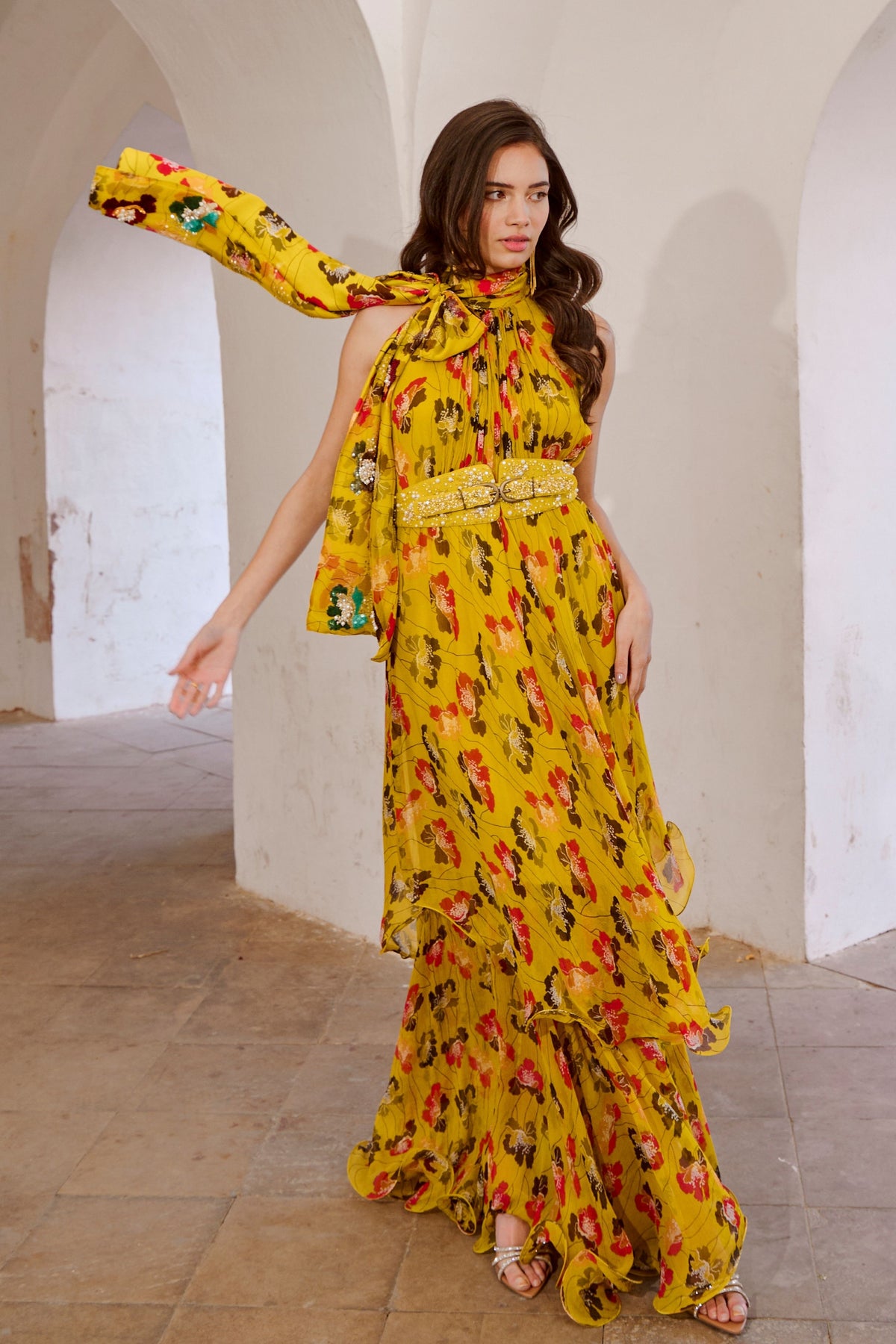 Bumble Bee Green Halter Maxi Bow &amp; Belt Set