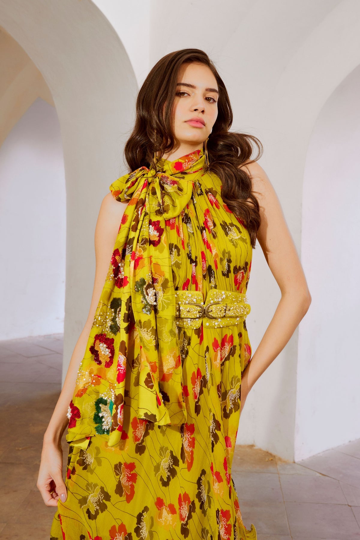 Bumble Bee Green Halter Maxi Bow &amp; Belt Set