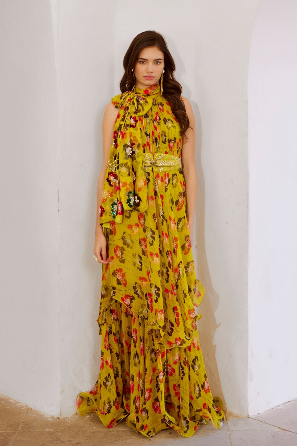 Bumble Bee Green Halter Maxi Bow &amp; Belt Set