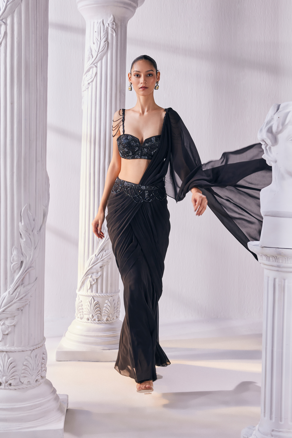 Black Royal Draped Saree Set