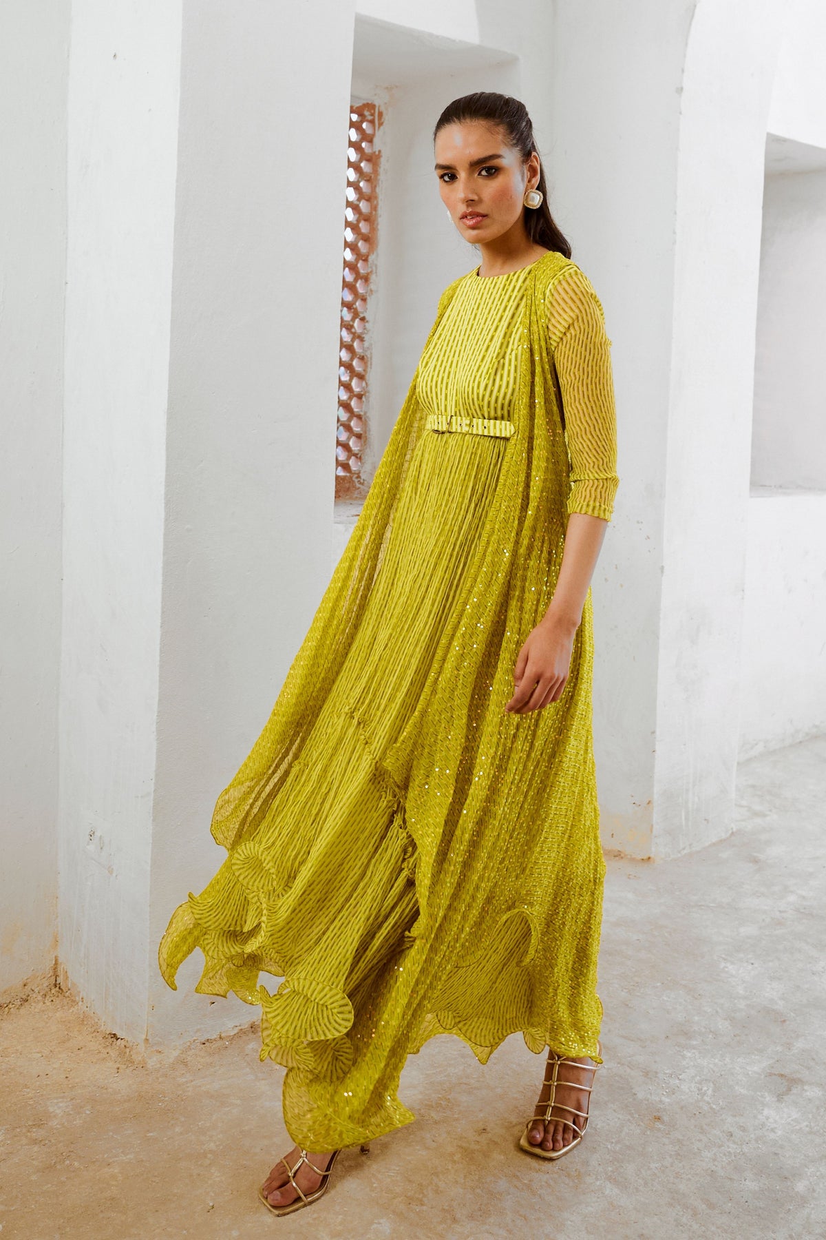 Lemon Green Midi With Jugnu Cape Set