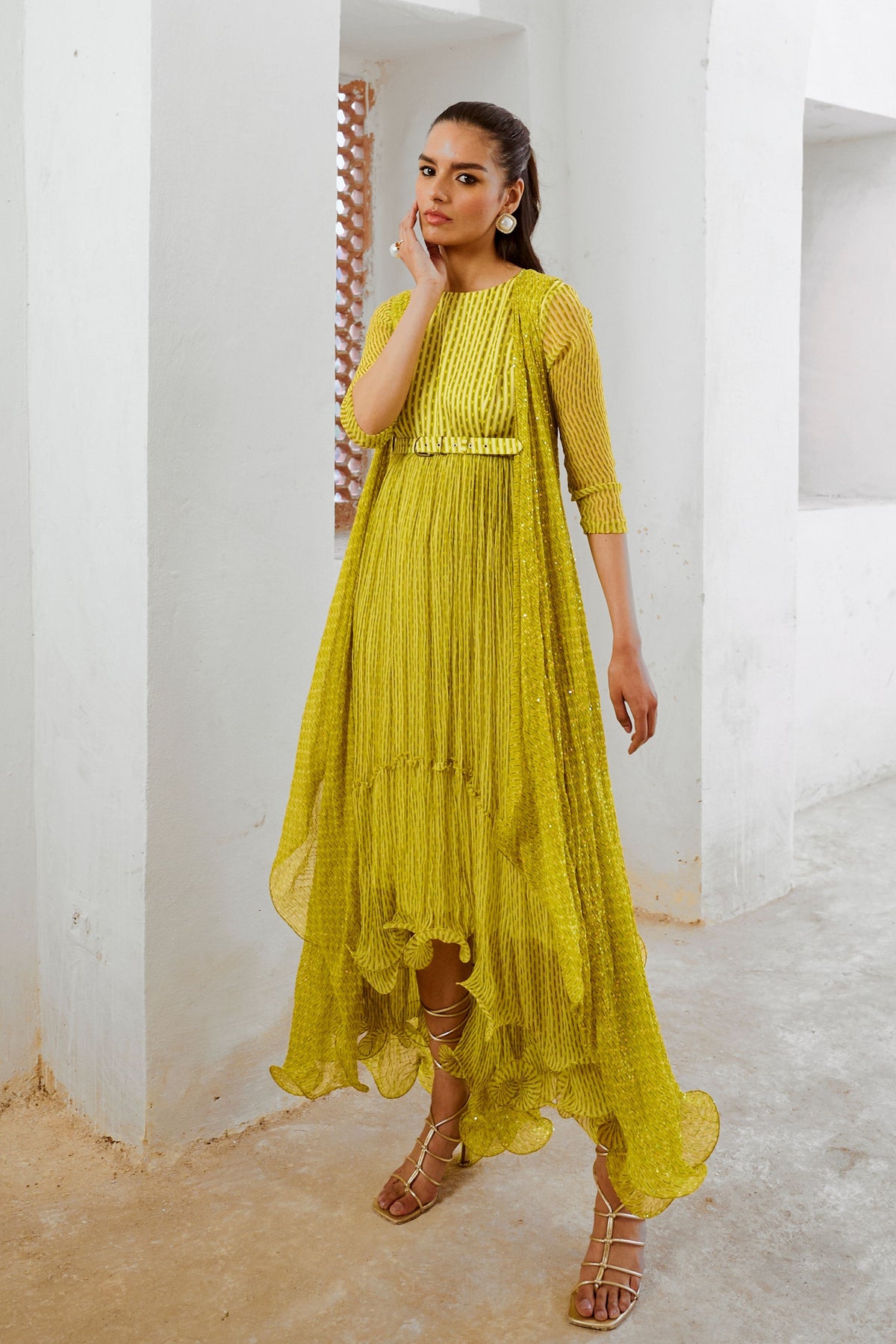 Lemon Green Midi With Jugnu Cape Set
