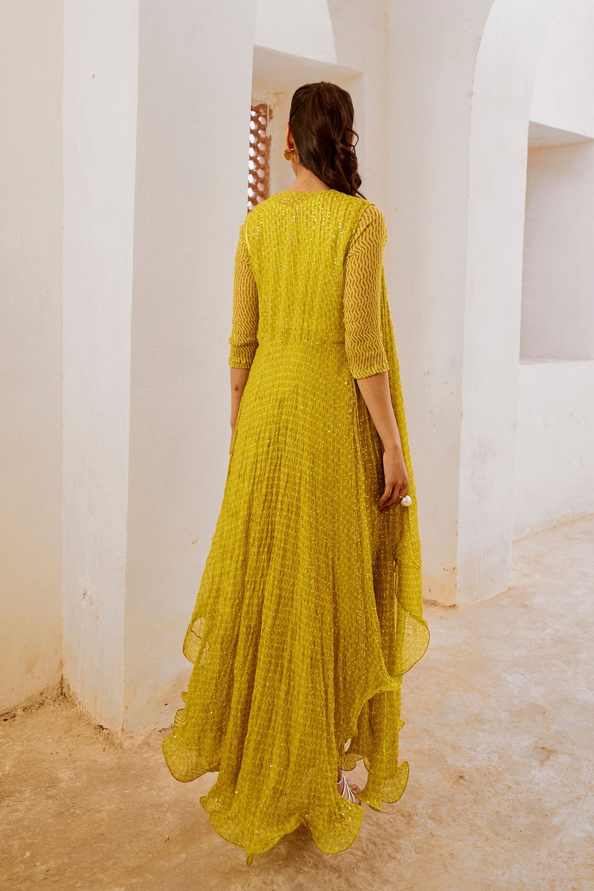 Lemon Green Midi With Jugnu Cape Set