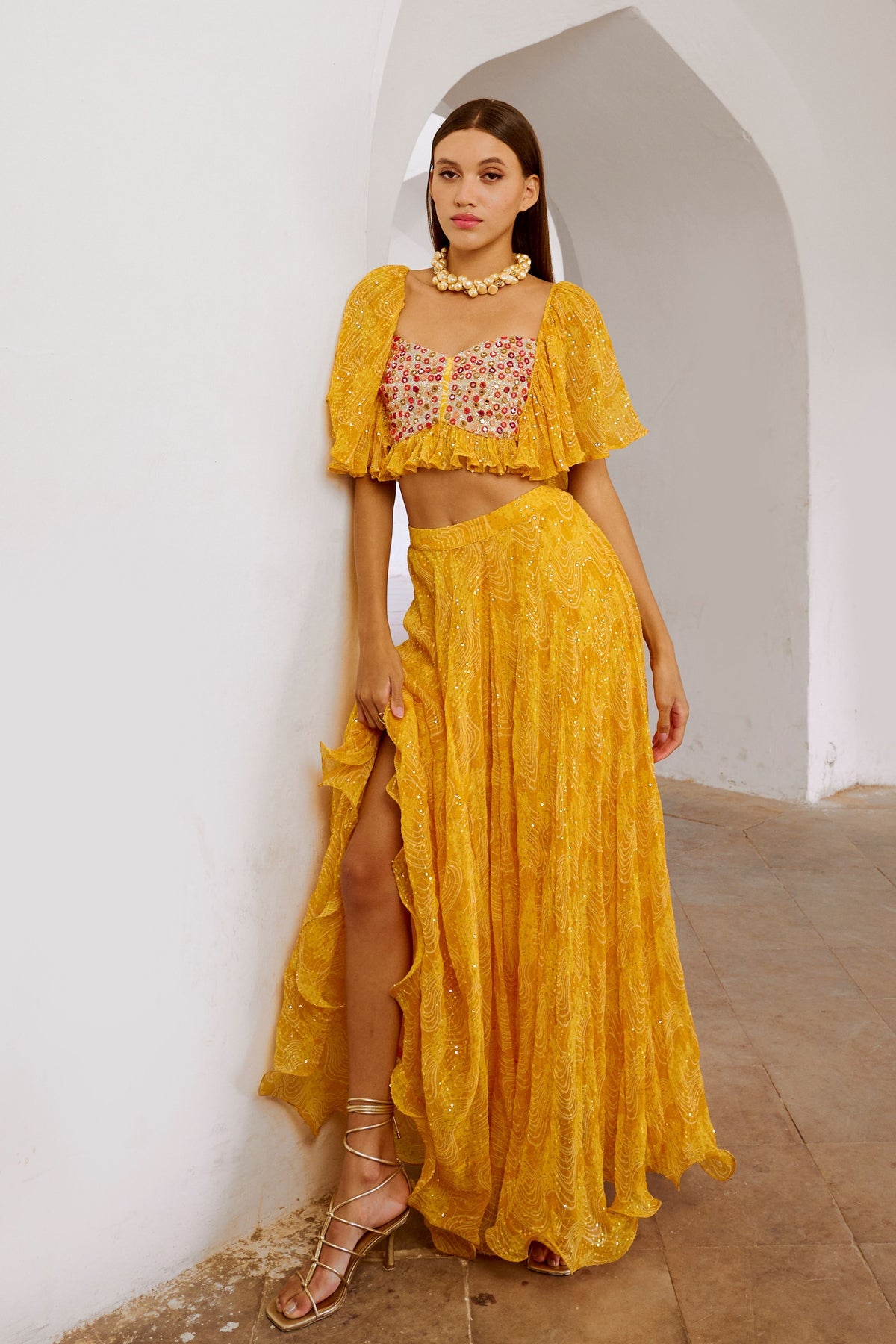 Marigold Yellow  Jugnu Sitara Butterfly Blouse Skirt Set