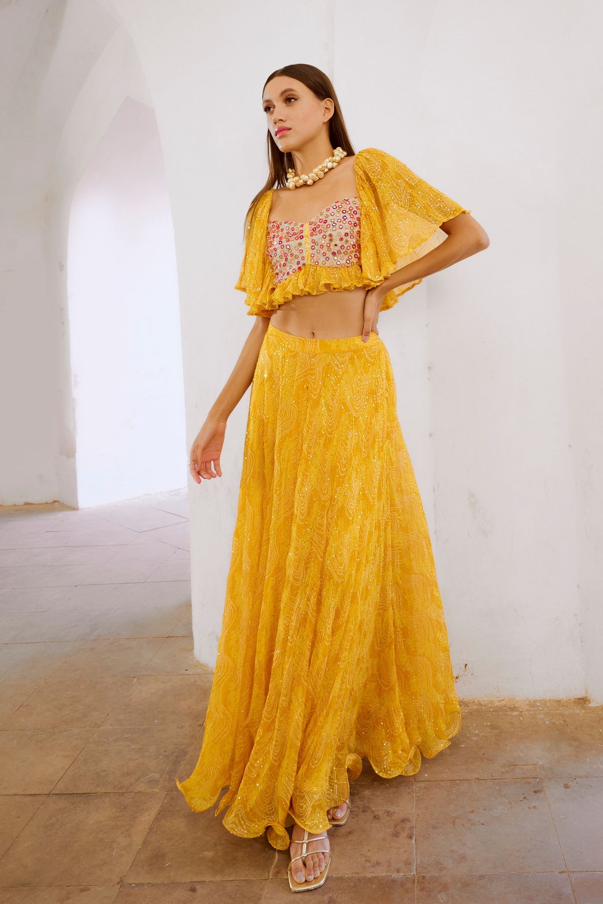 Marigold Yellow  Jugnu Sitara Butterfly Blouse Skirt Set