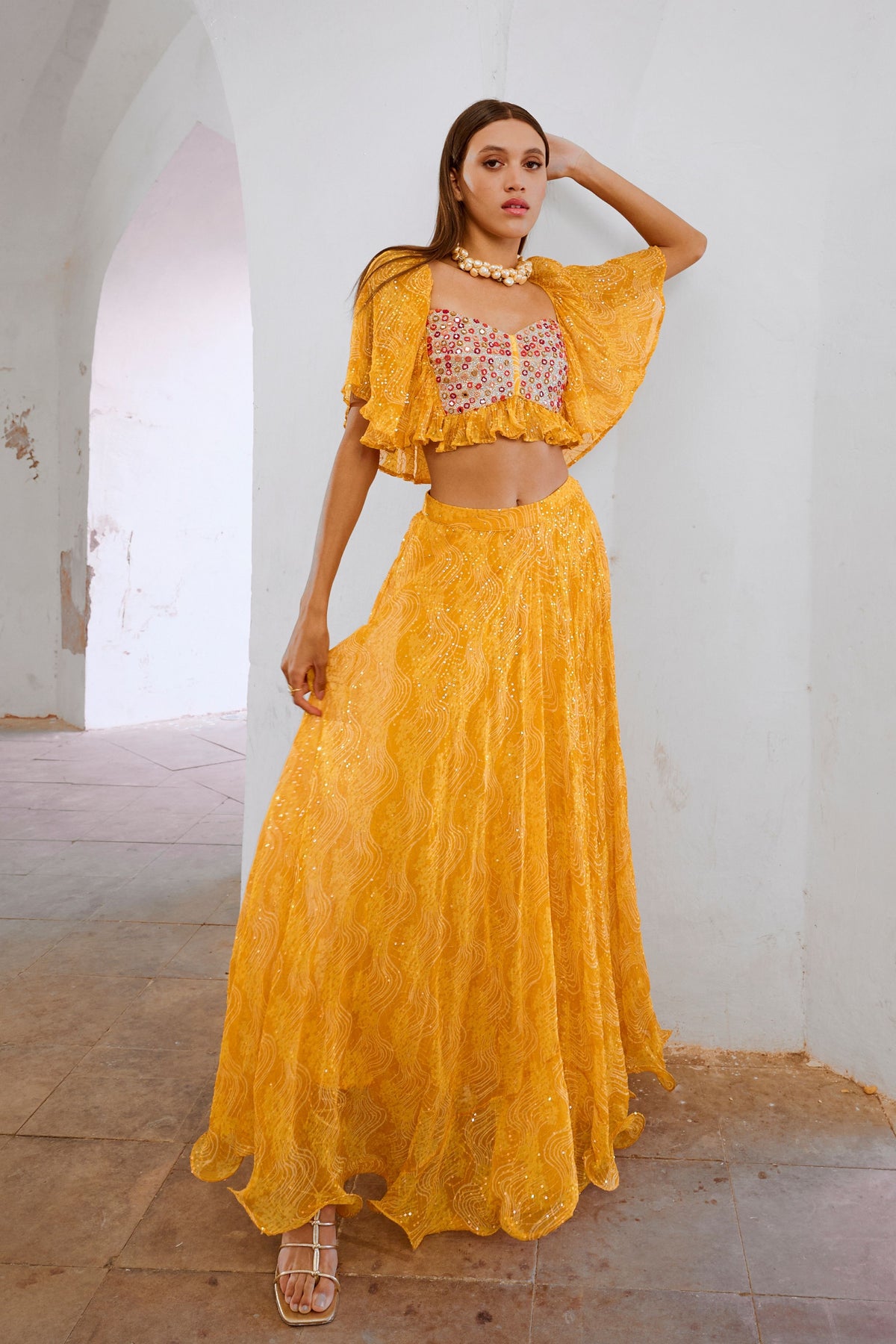 Marigold Yellow  Jugnu Sitara Butterfly Blouse Skirt Set