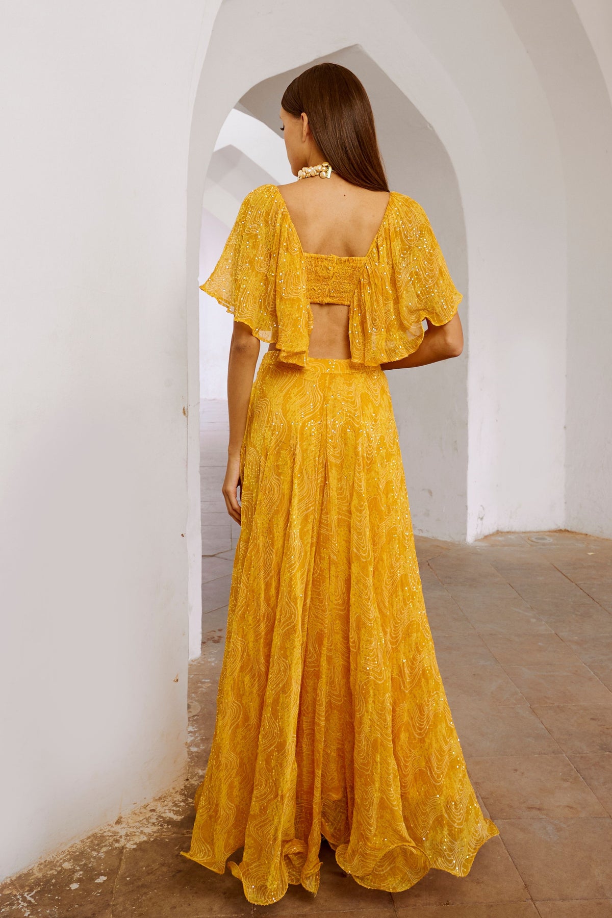 Marigold Yellow  Jugnu Sitara Butterfly Blouse Skirt Set