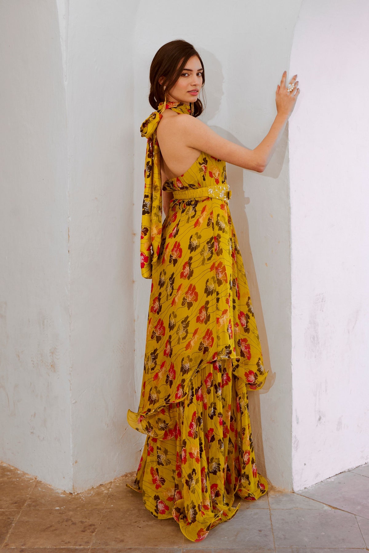 Bumble Bee Green Halter Maxi Bow &amp; Belt Set