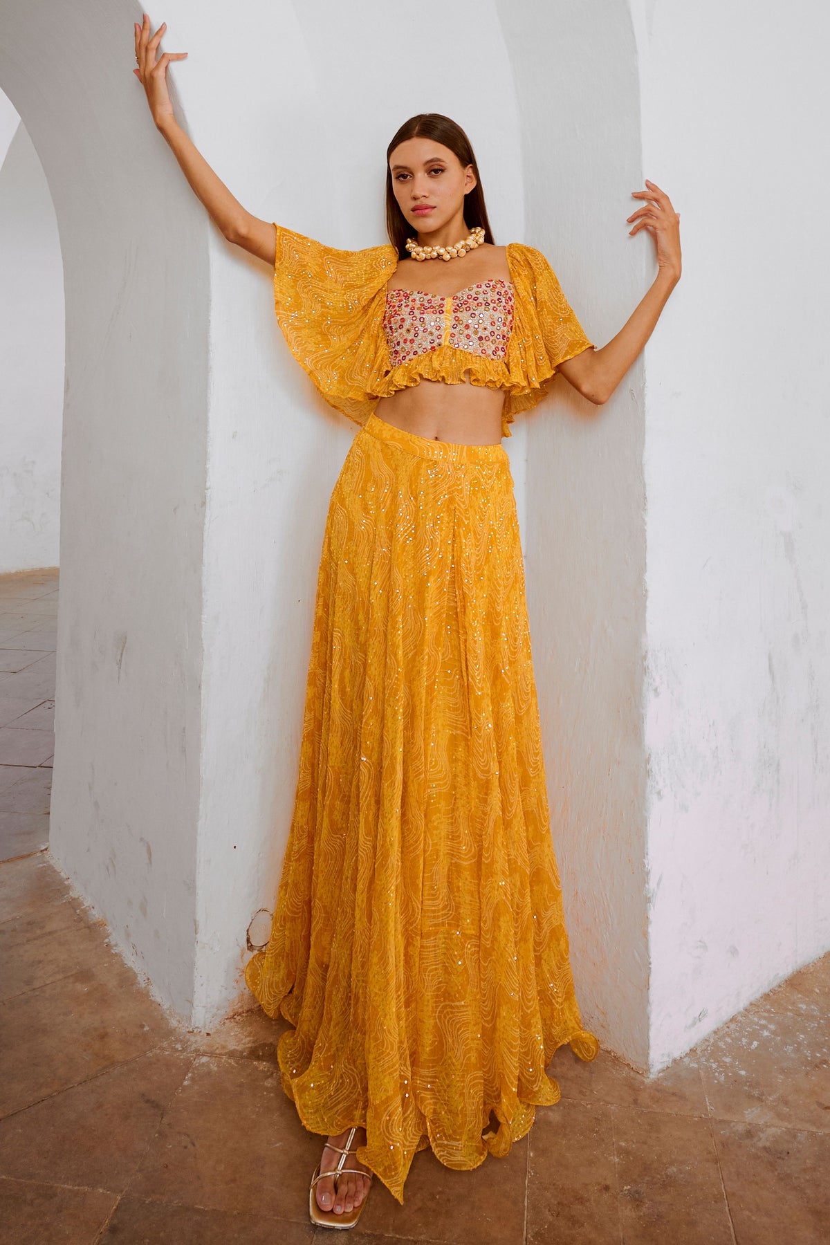 Marigold Yellow  Jugnu Sitara Butterfly Blouse Skirt Set