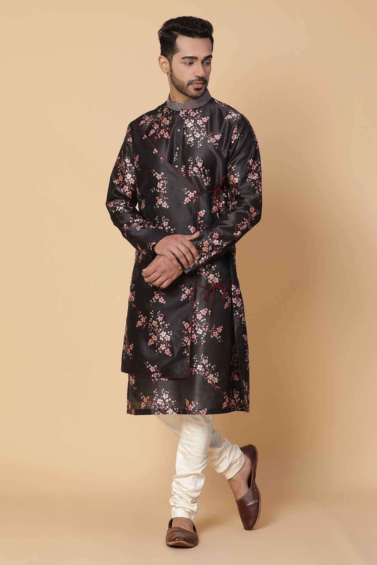 Black floral silk kurta