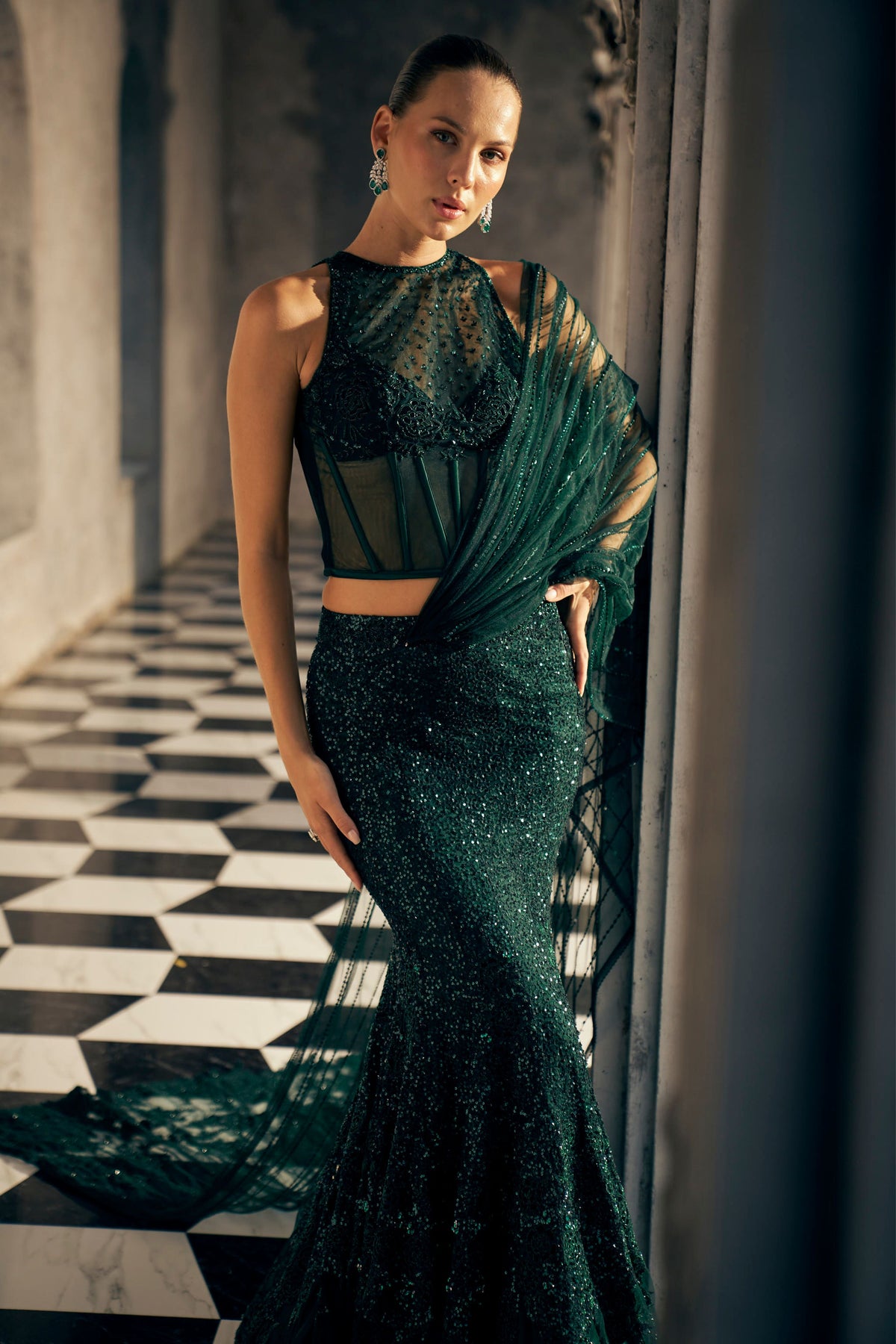 Bottle Green Drape Saree Set