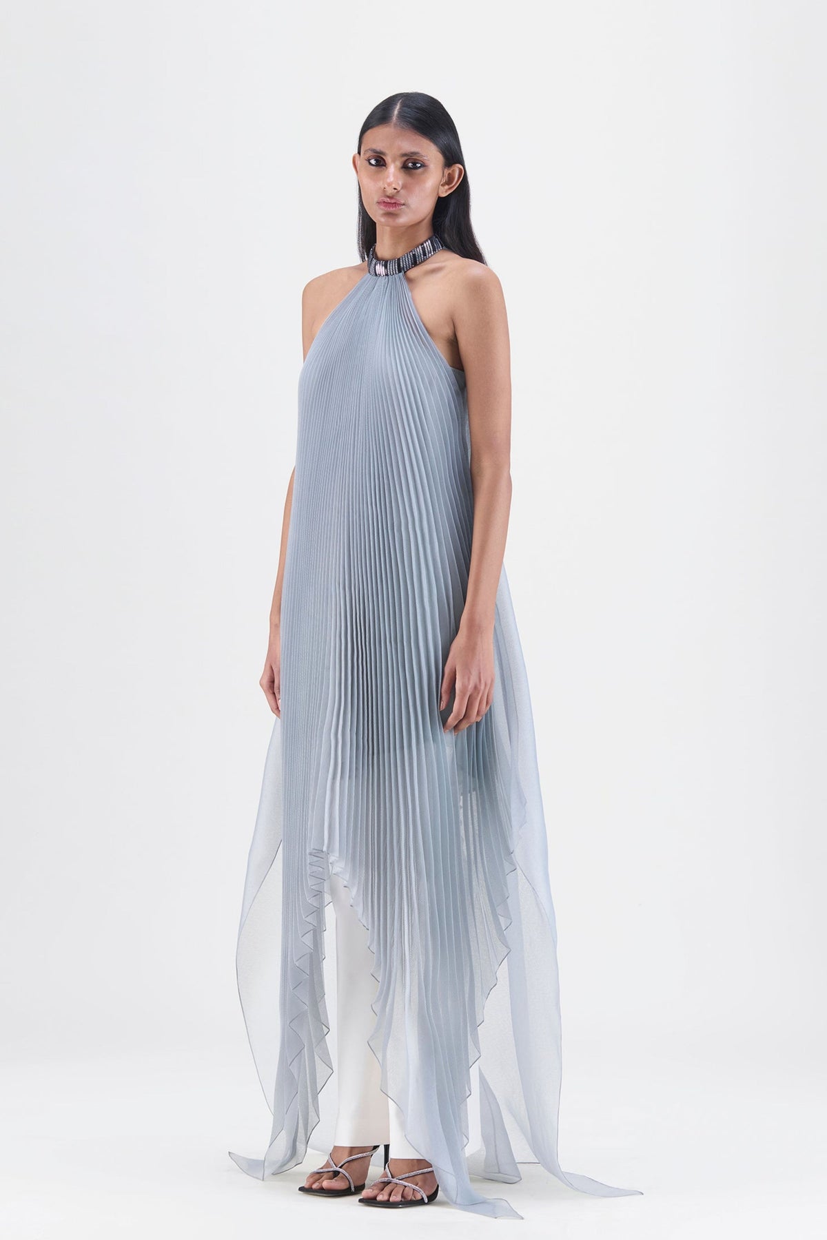Pleated Halter Gown in Steel