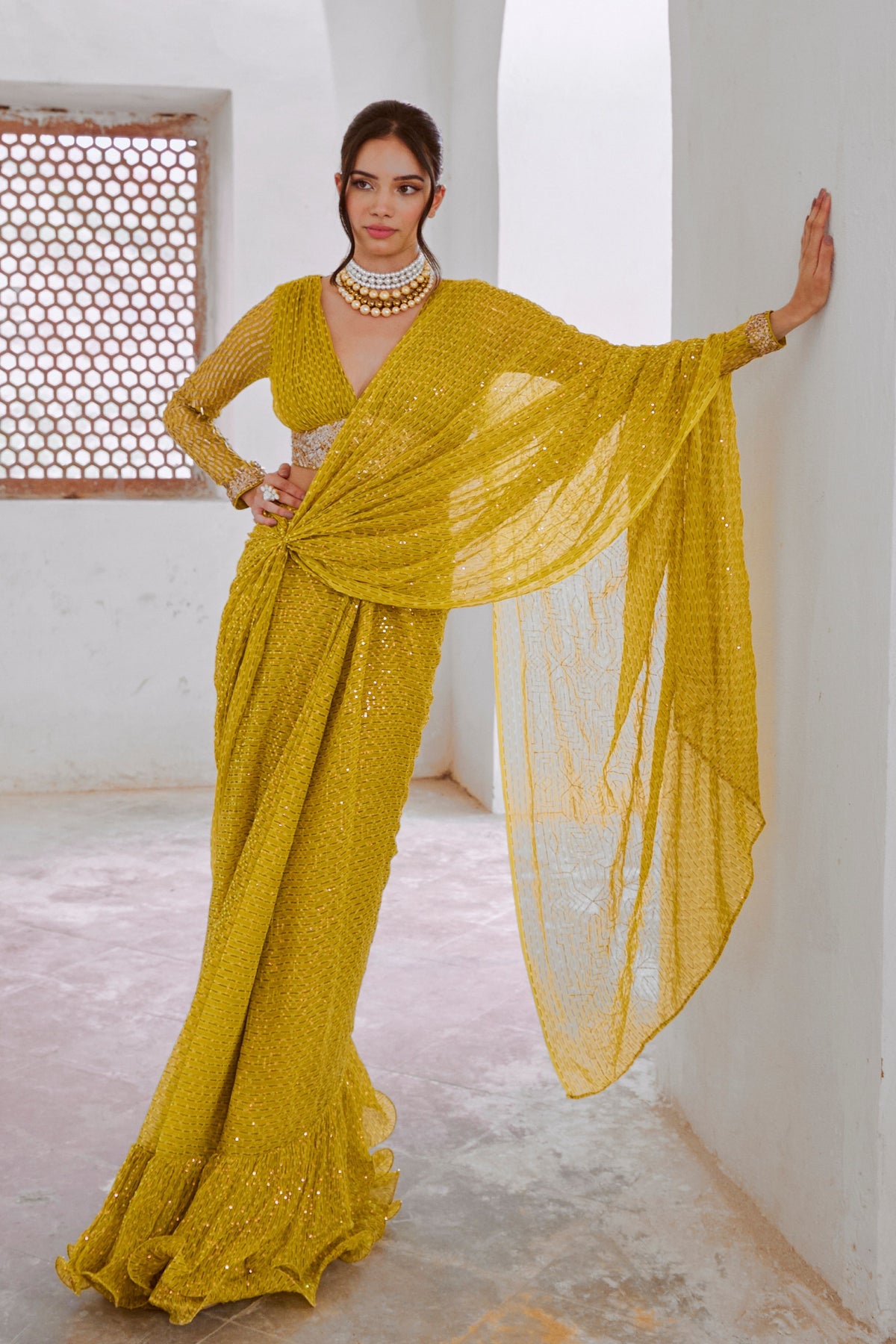 Lemon Green Drape Saree Blouse