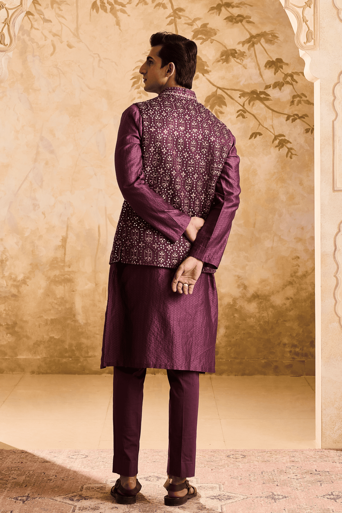 Wine Mirrorwork Bundi Kurta Set