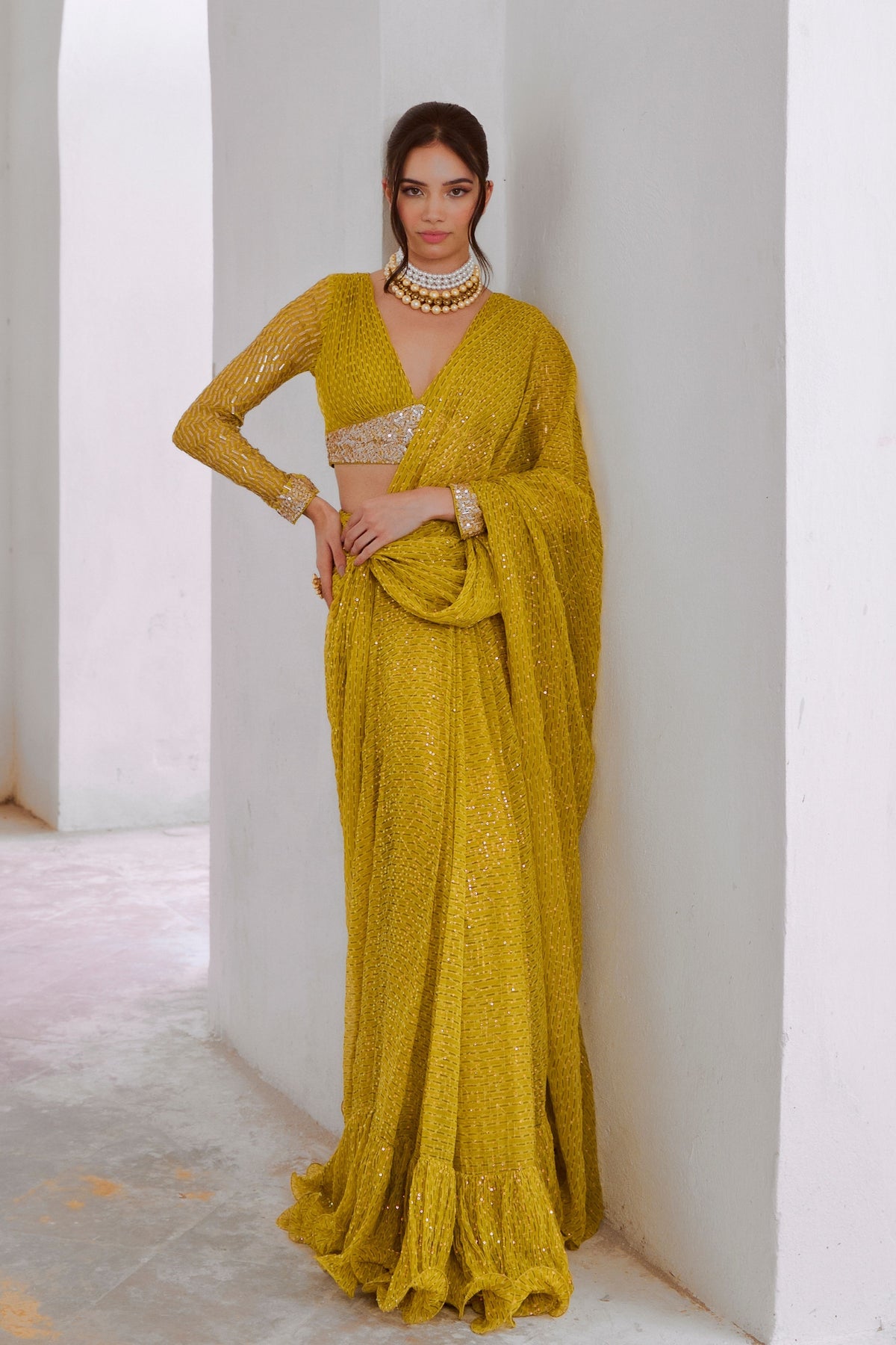 Lemon Green Drape Saree Blouse