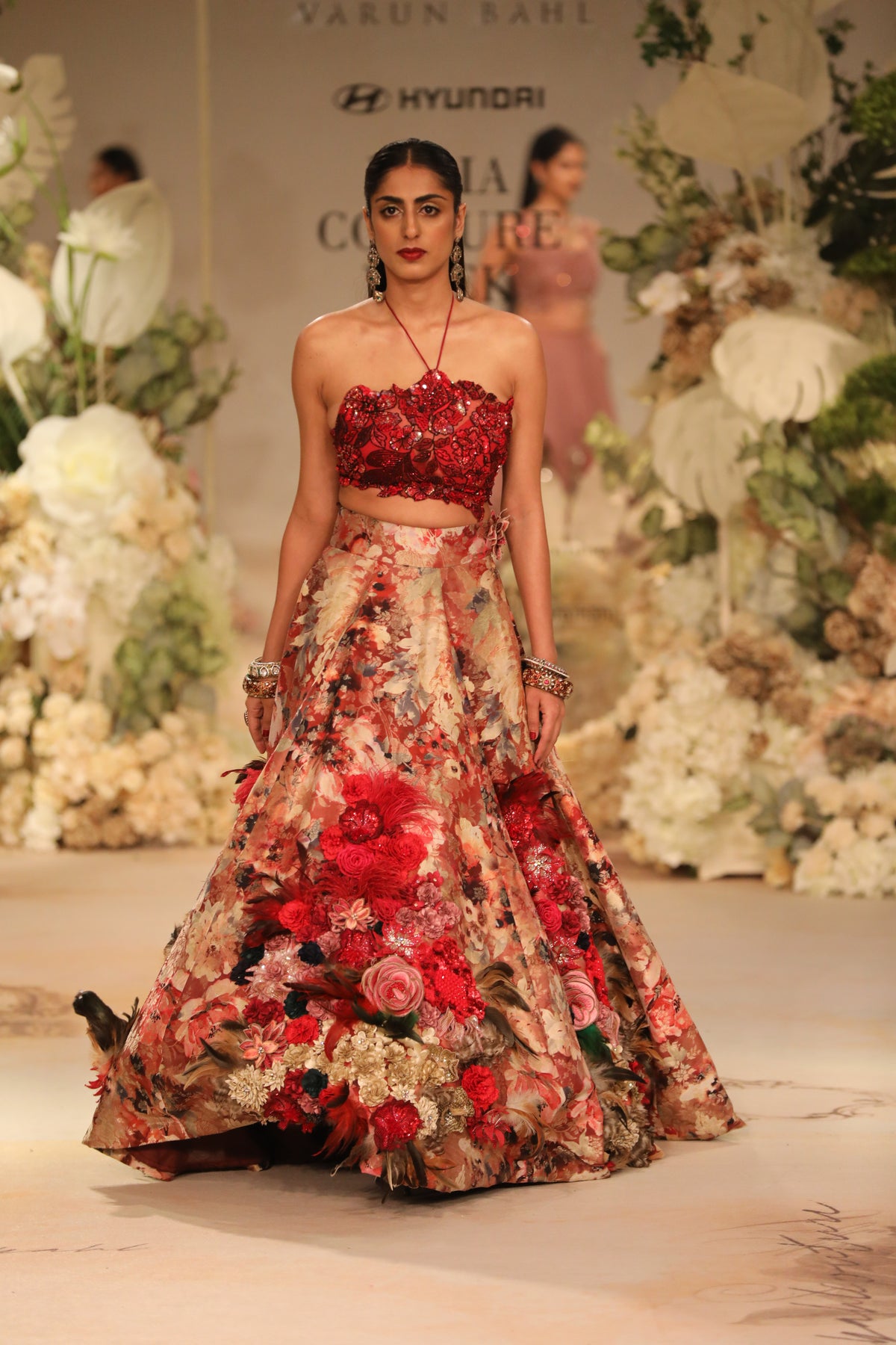 Red Printed Corsage Lehenga Set