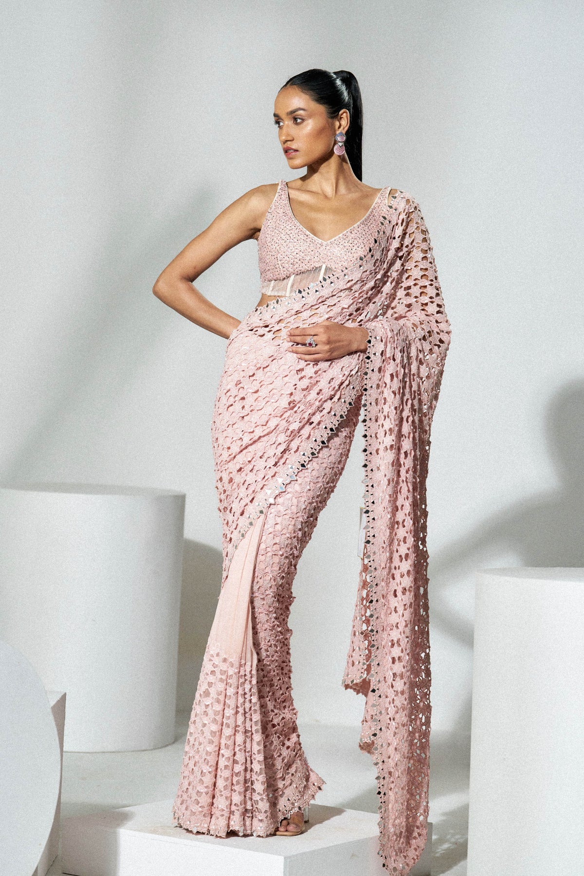 Blush Pink Cutwork Saree Set