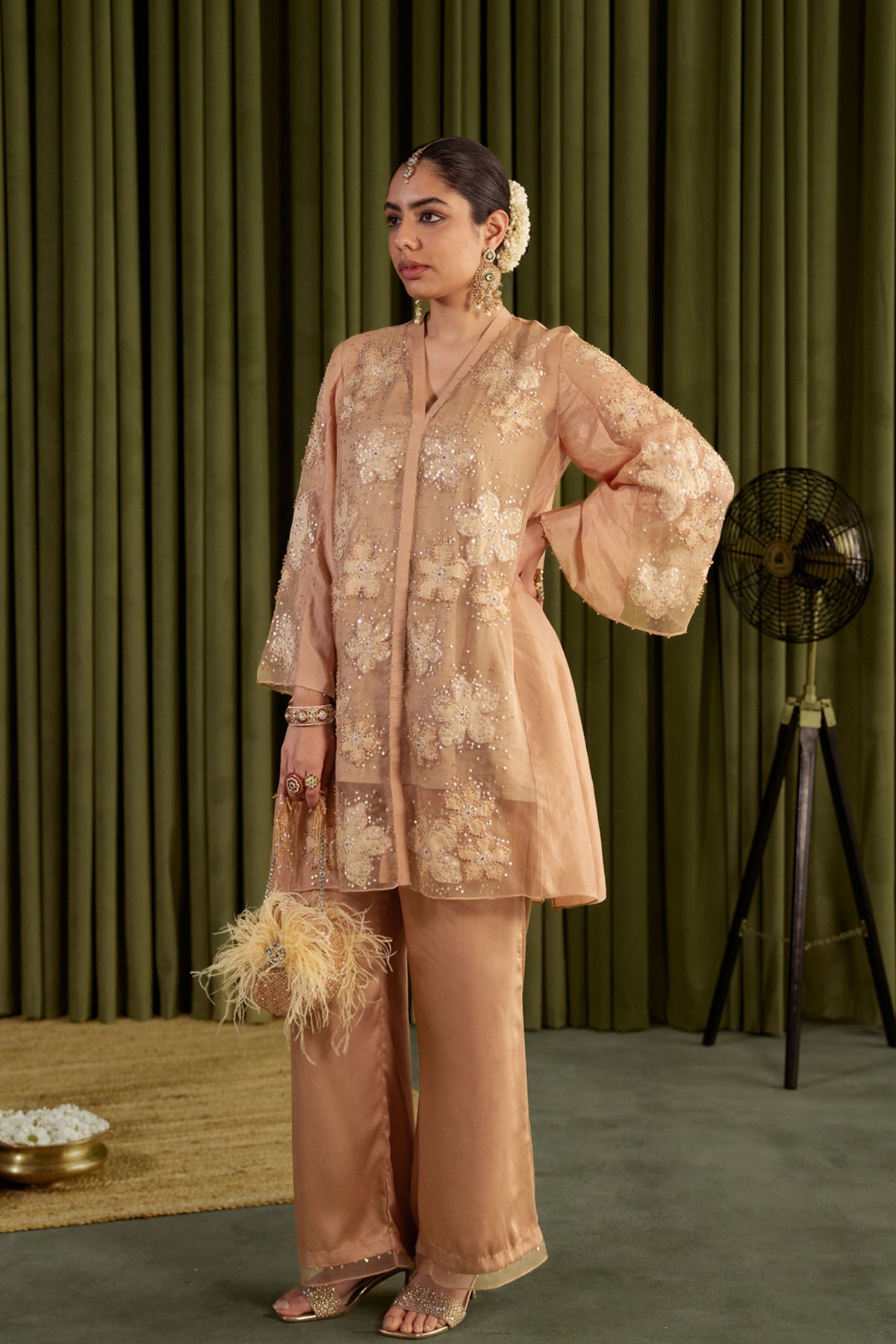 Golden Beige Floral Kurta Set