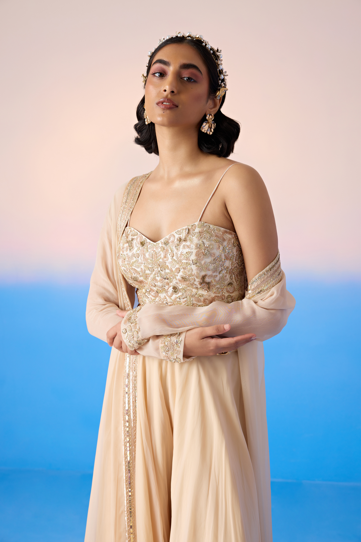 Beige Embroidered Jacket Set