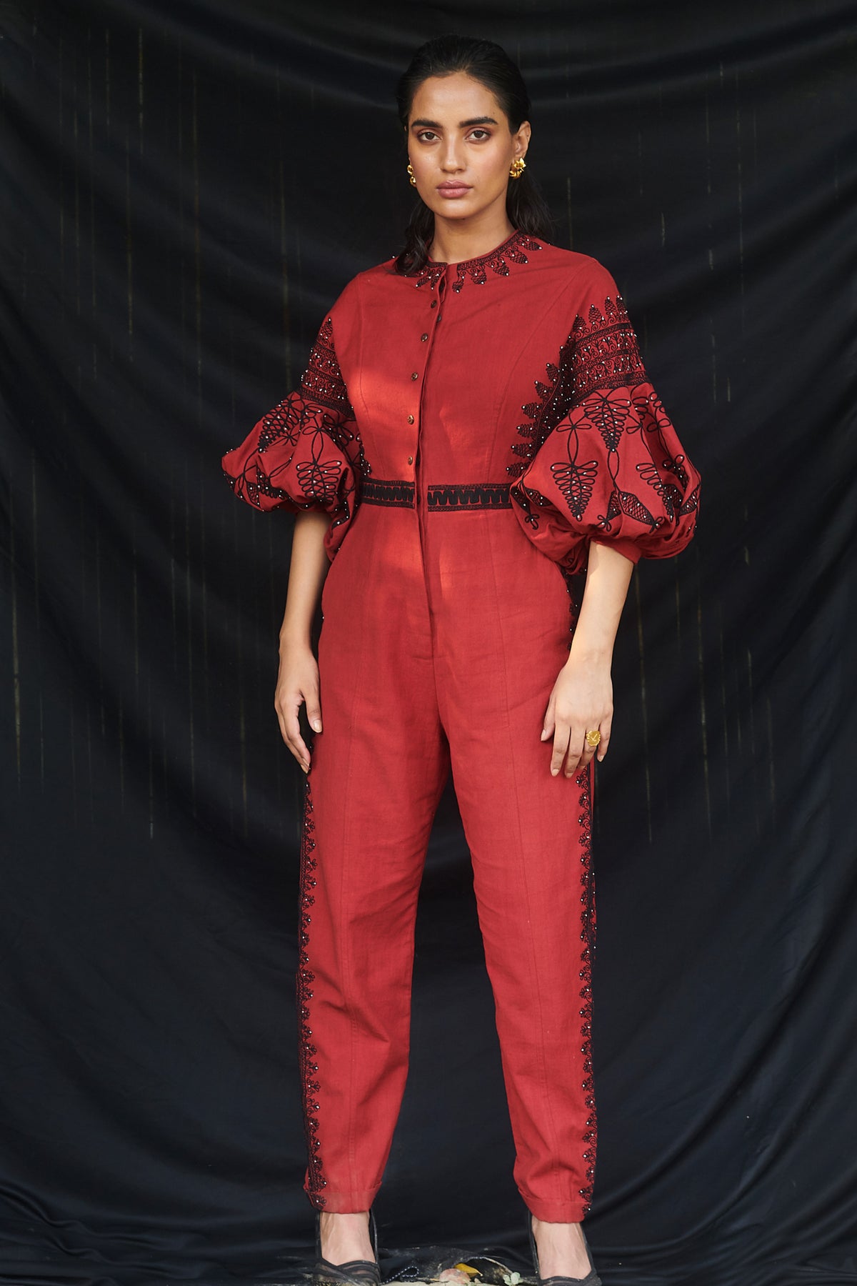 Red cord work jumpsuit