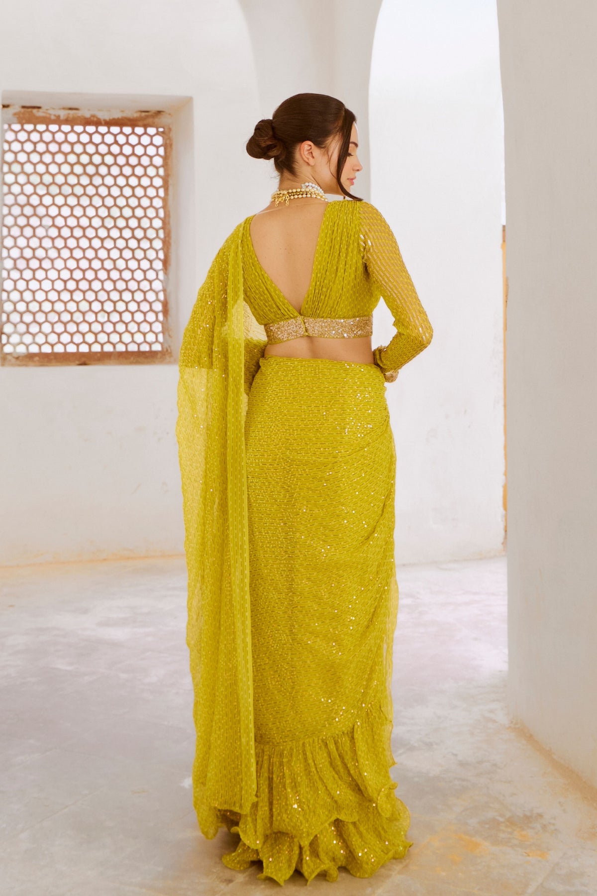 Lemon Green Drape Saree Blouse