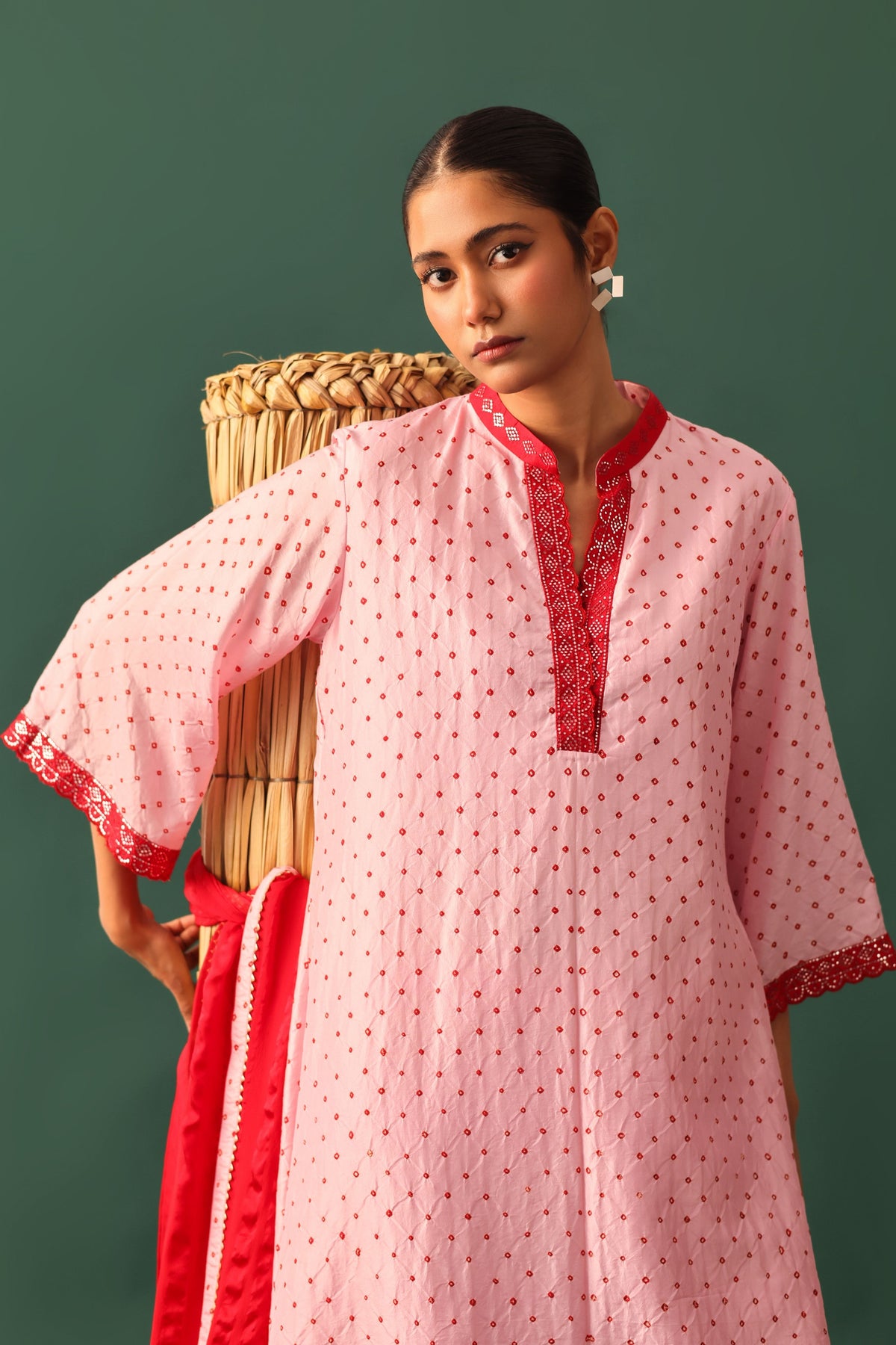 Pink Bandhani Mirror Work Kurta Set