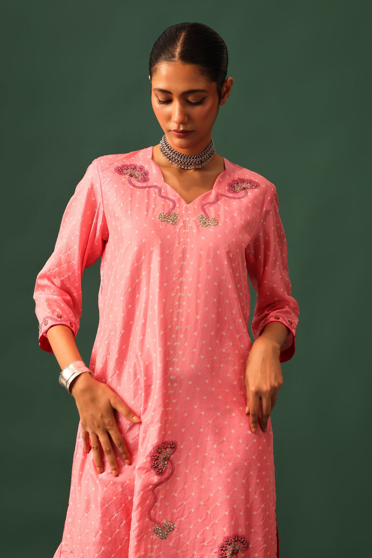 Pink Bandhani Aari Kurta Set
