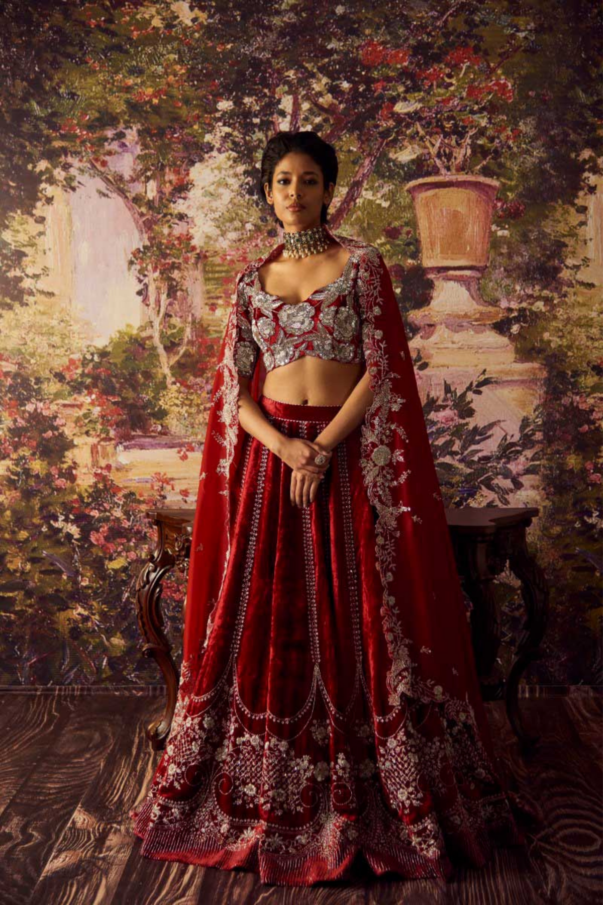 Red Velvet Butterfly Lehenga Set