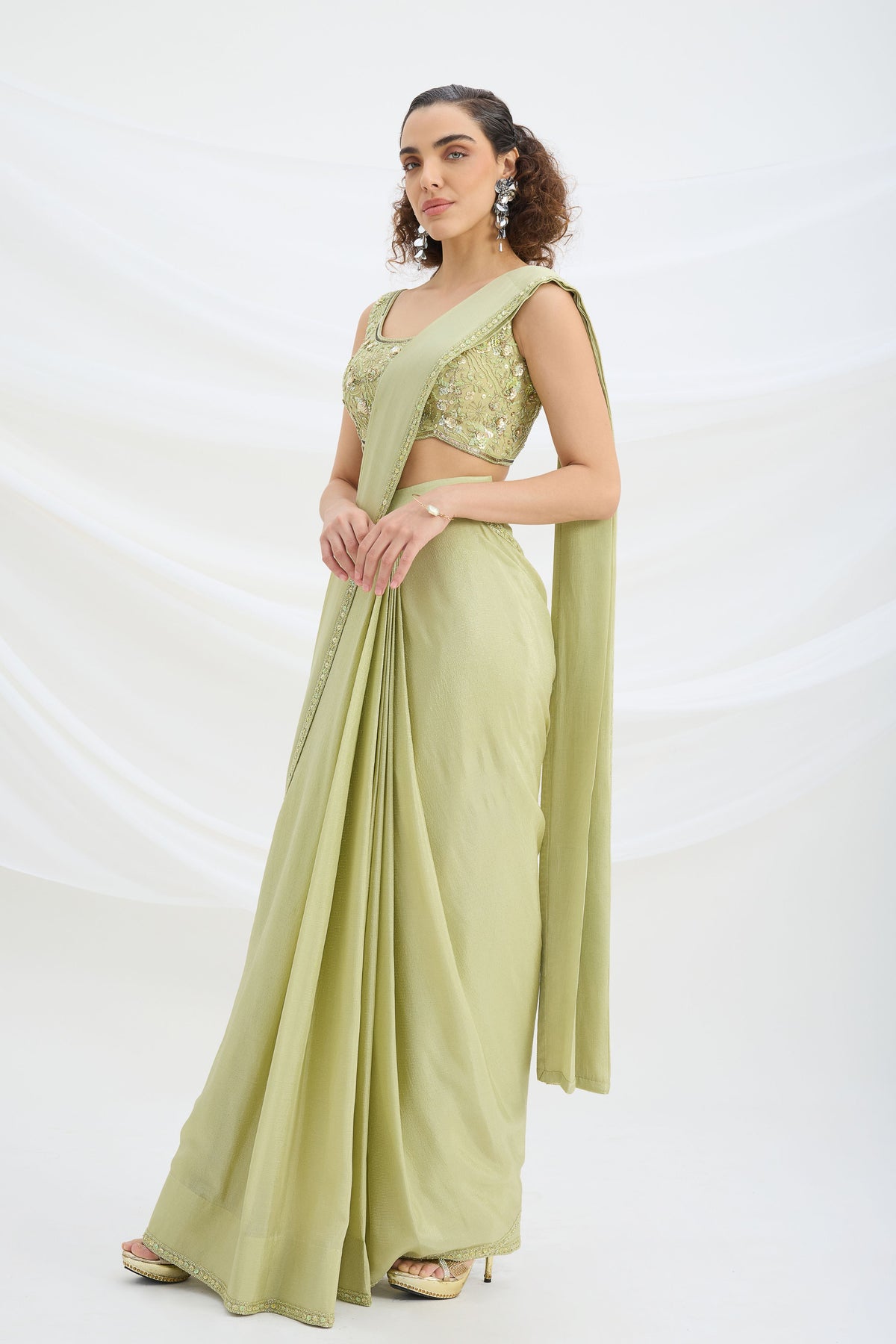 Sage Green Drape Saree Set