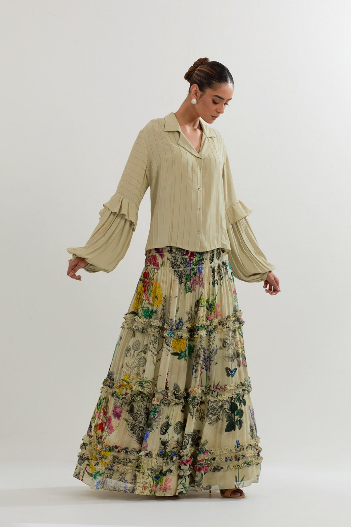 Botanical Printed Skirt With Ruffle Shirt