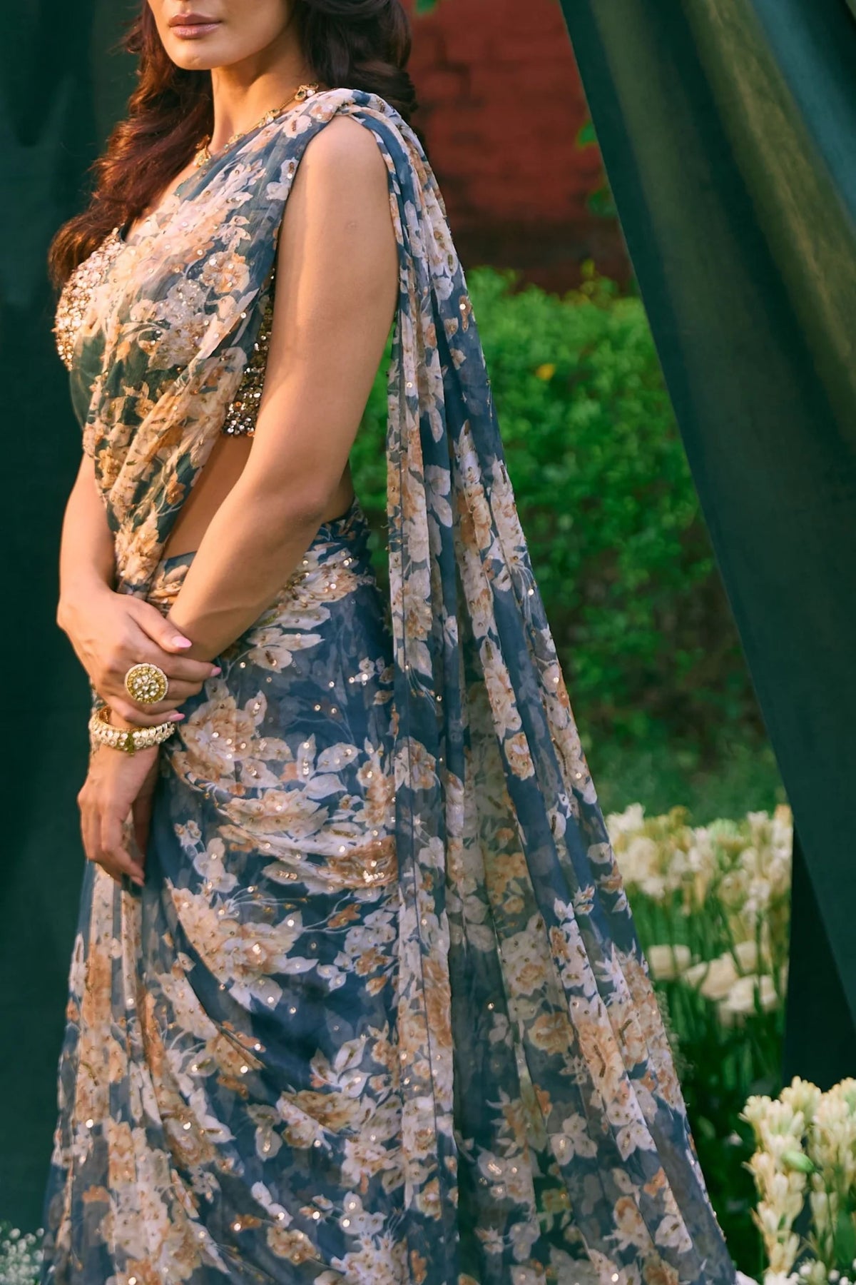 Teal Blue Floral Saree