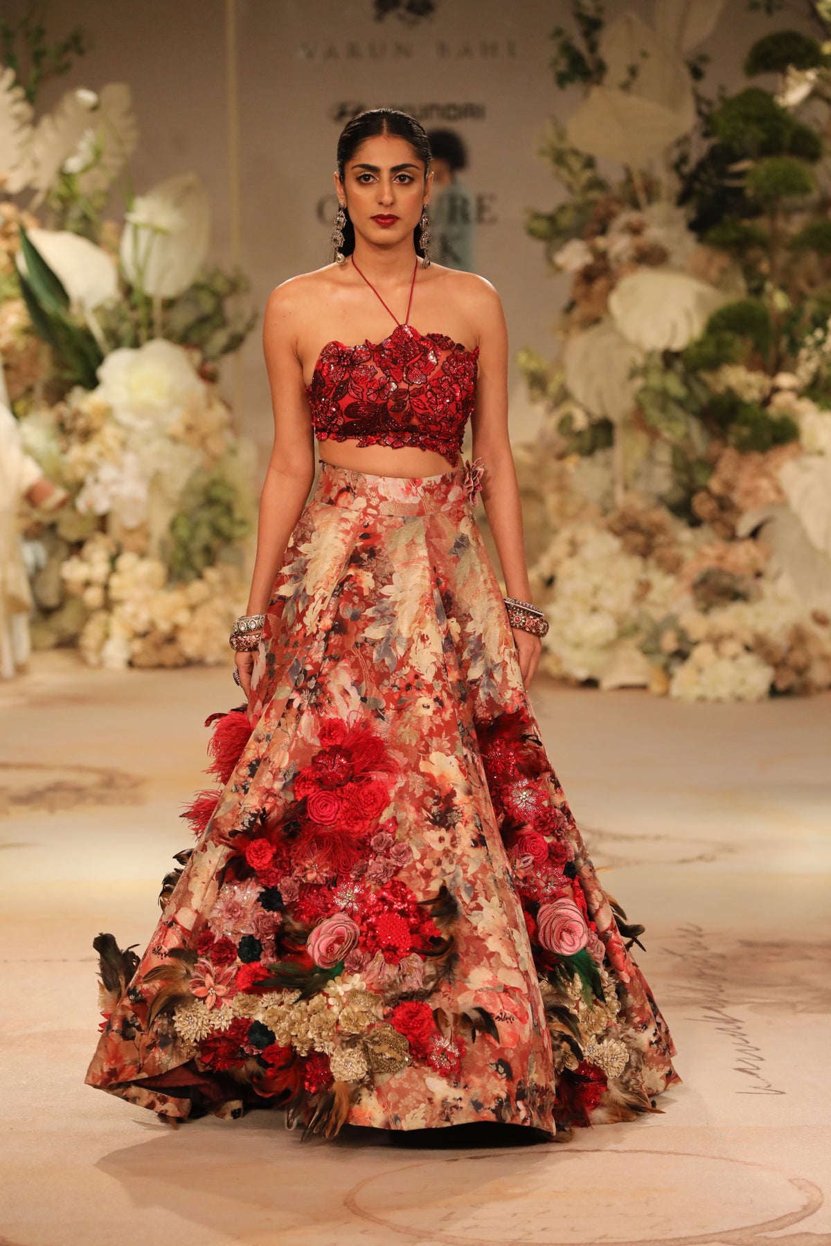 Red Printed Corsage Lehenga Set