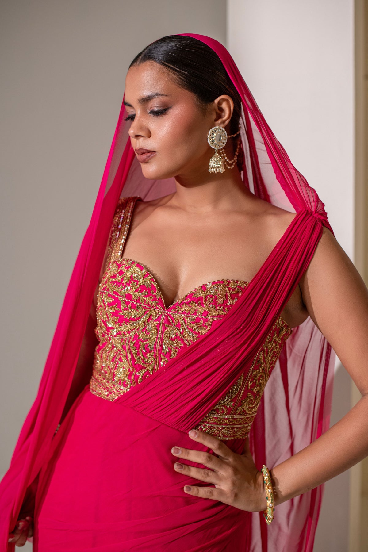 Fuchsia Pink Corset Saree Set