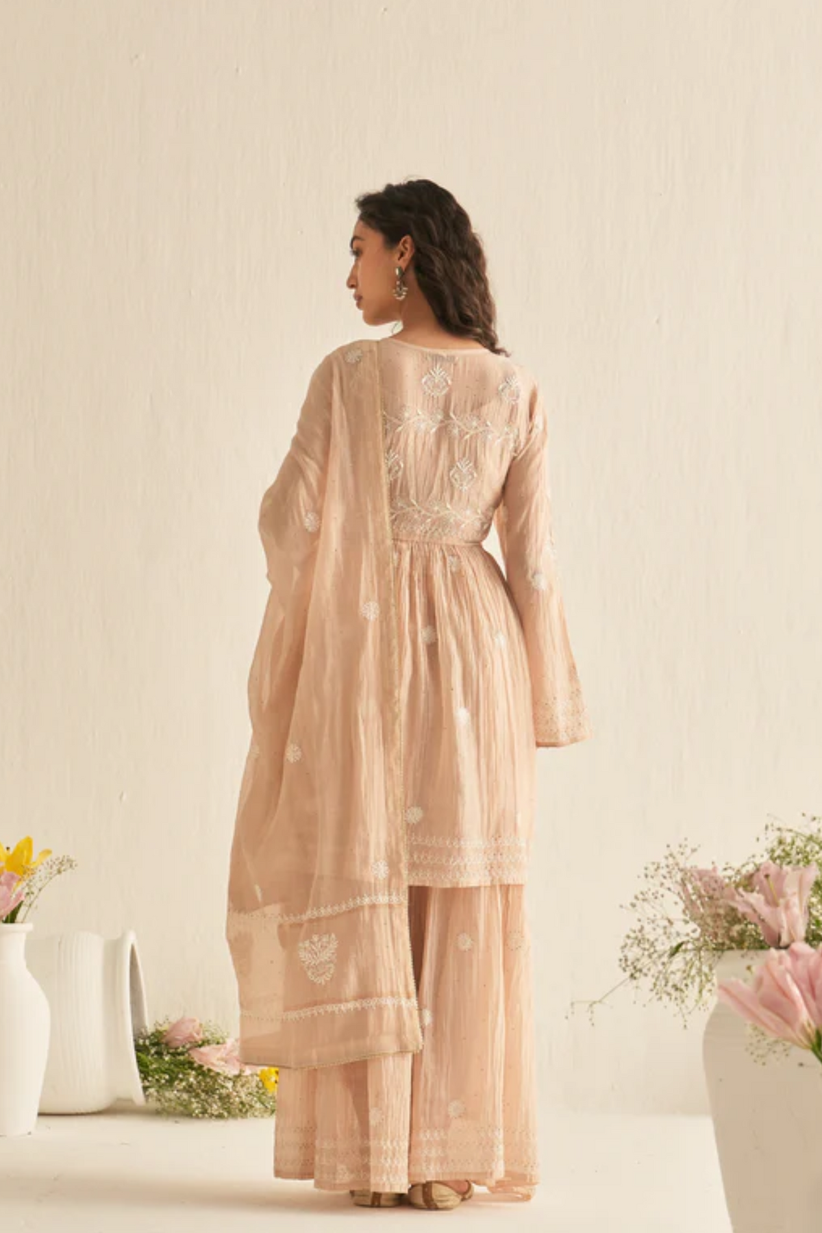 Peach Mul Chanderi Mukaish Shrara Set