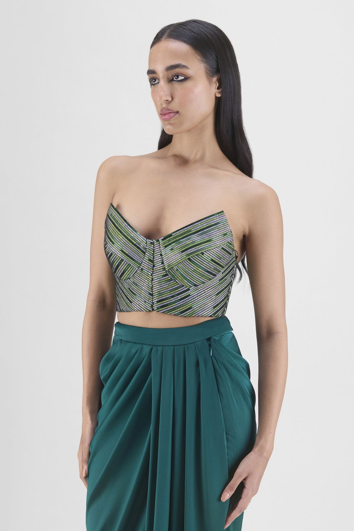 Woven Emerald Bustier And Skirt