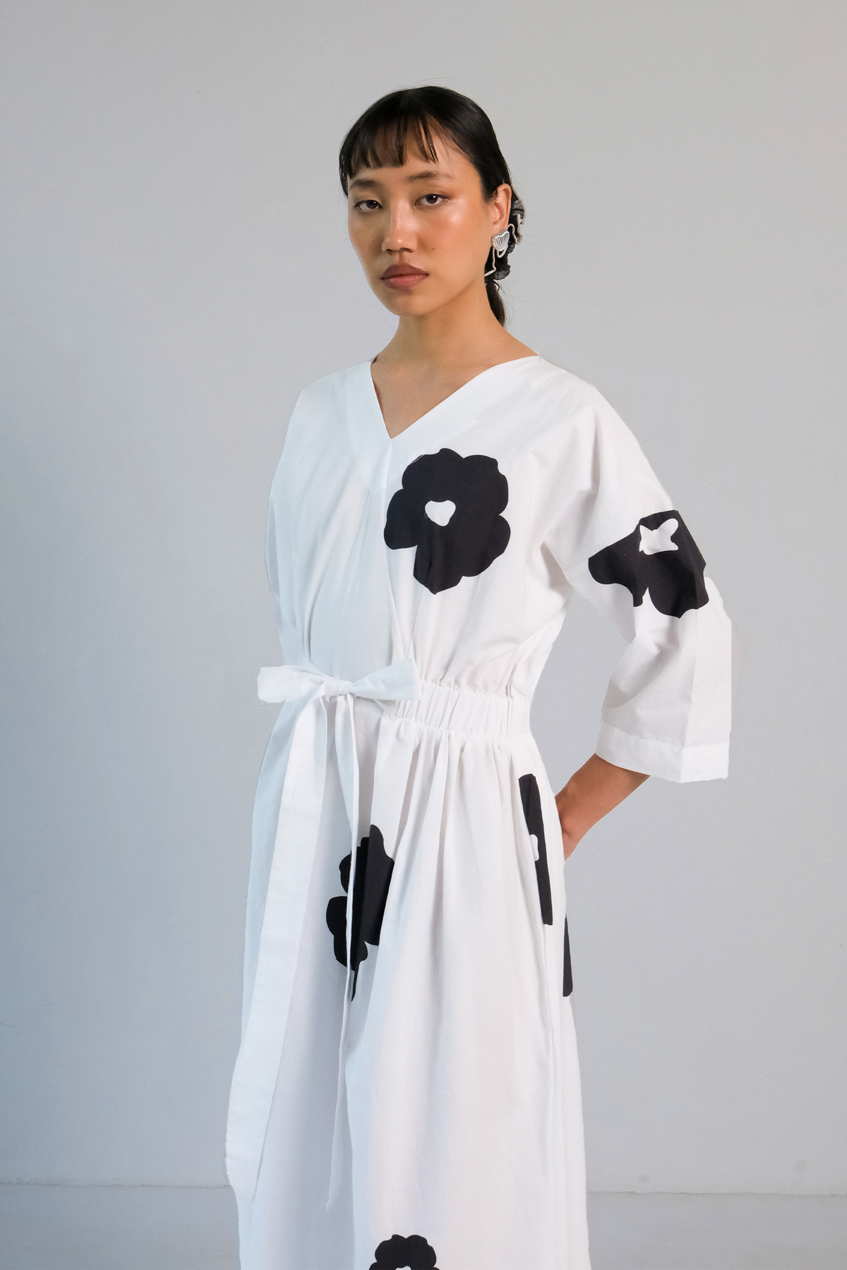 White Black Poppy Belt Dress