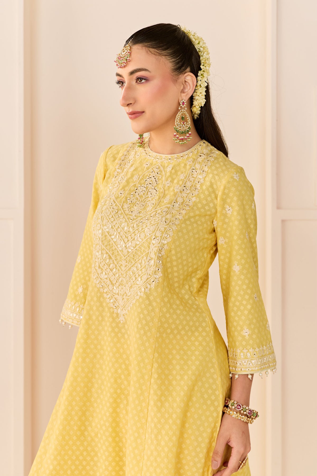 Nida Lemon Yellow Short Choga Set