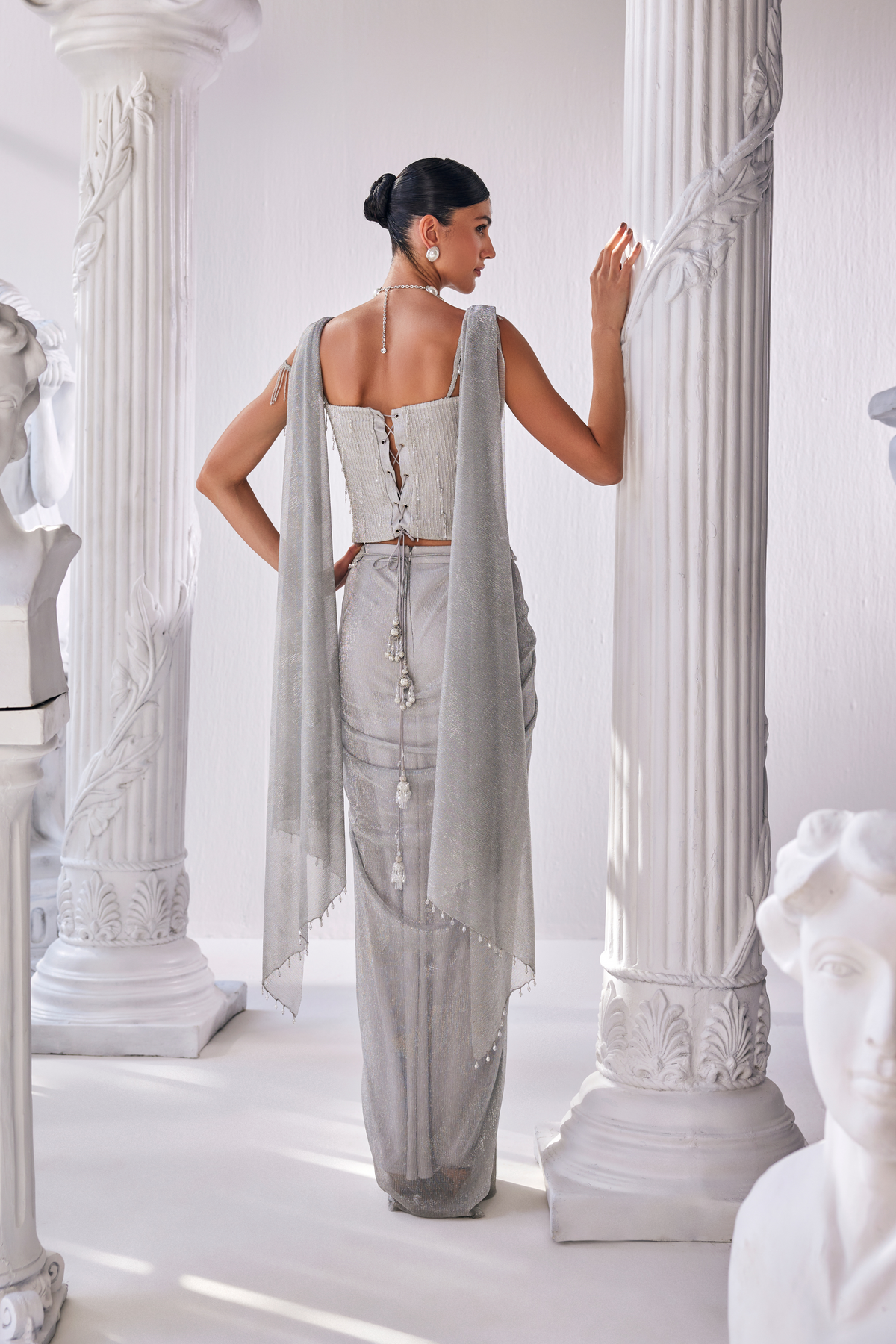 Silver Draped Saree Set