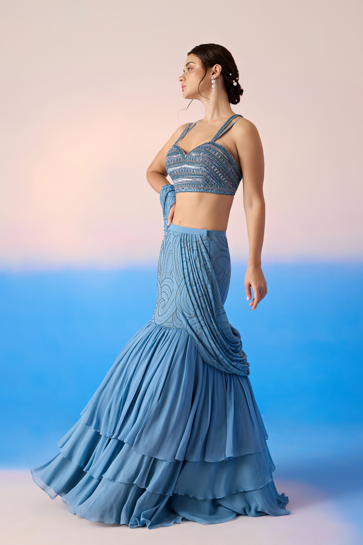 Mint Blue Lehenga Set With Attached Dupatta