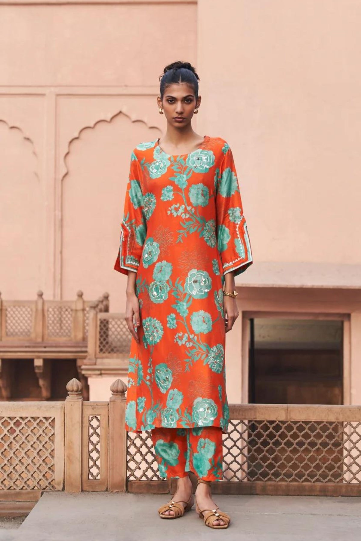 Orange Moroccan Jaal Kurta Set