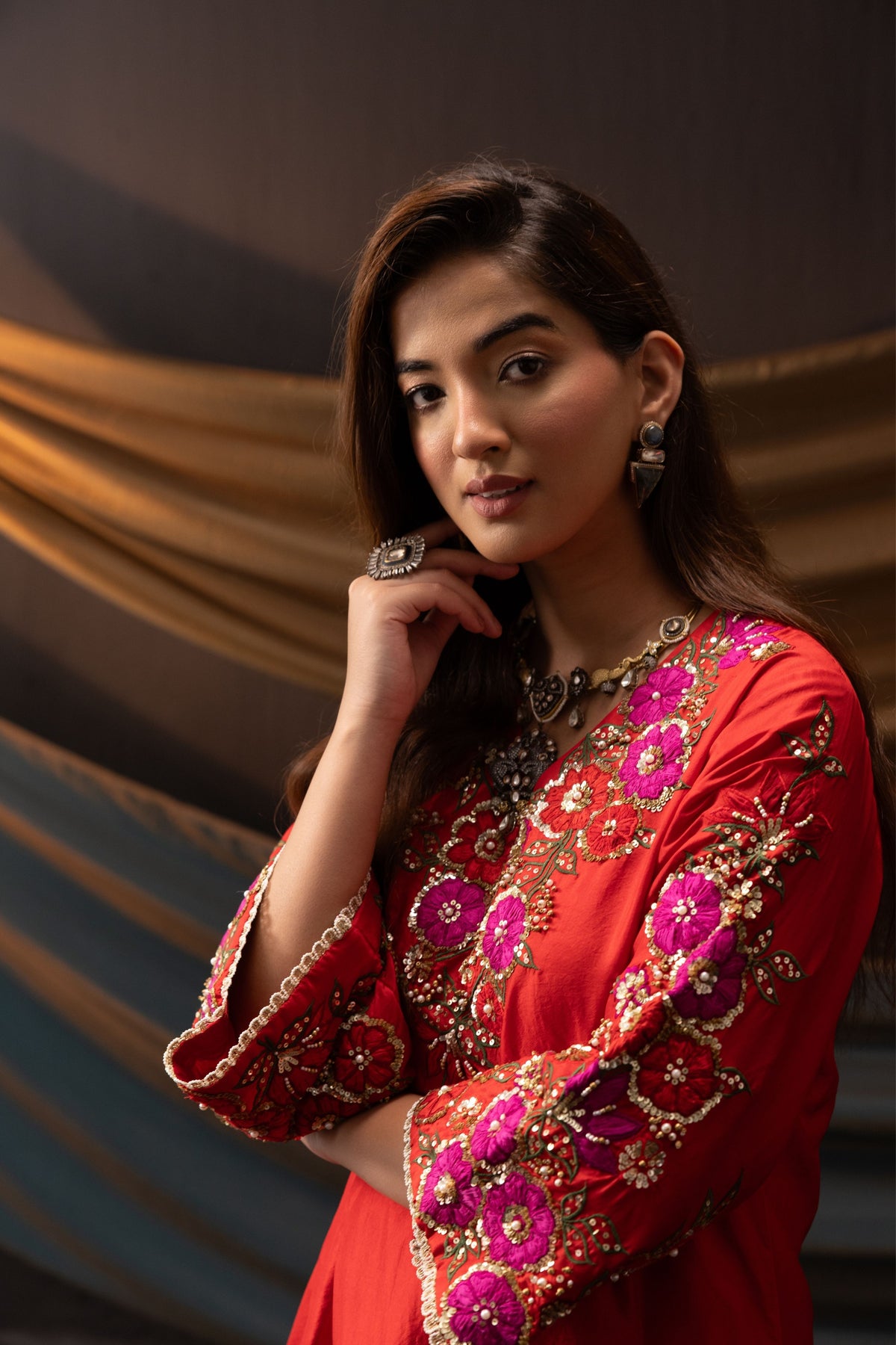 Red 3D Floral Kurta Set