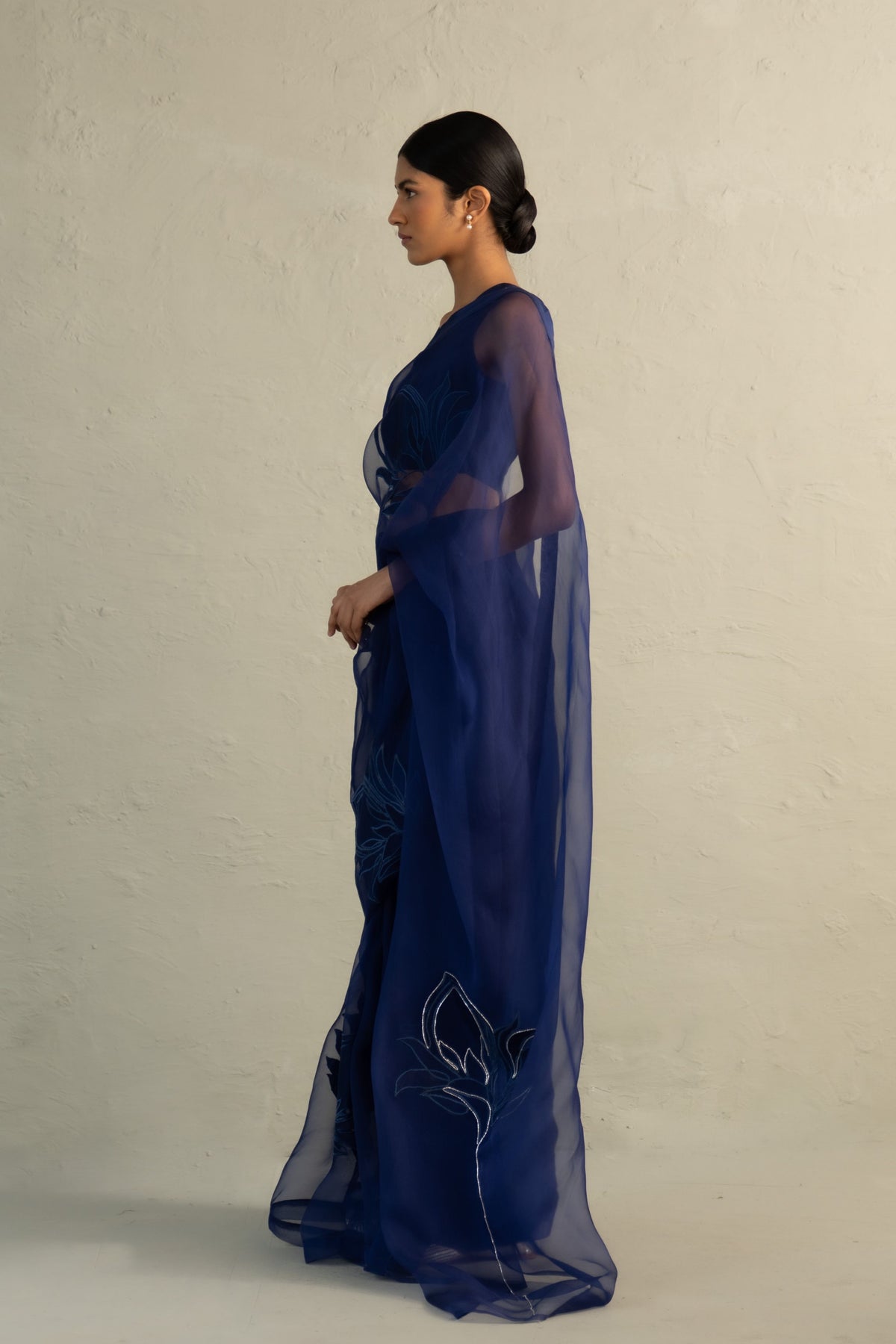 Blue Organza Applique Saree Set