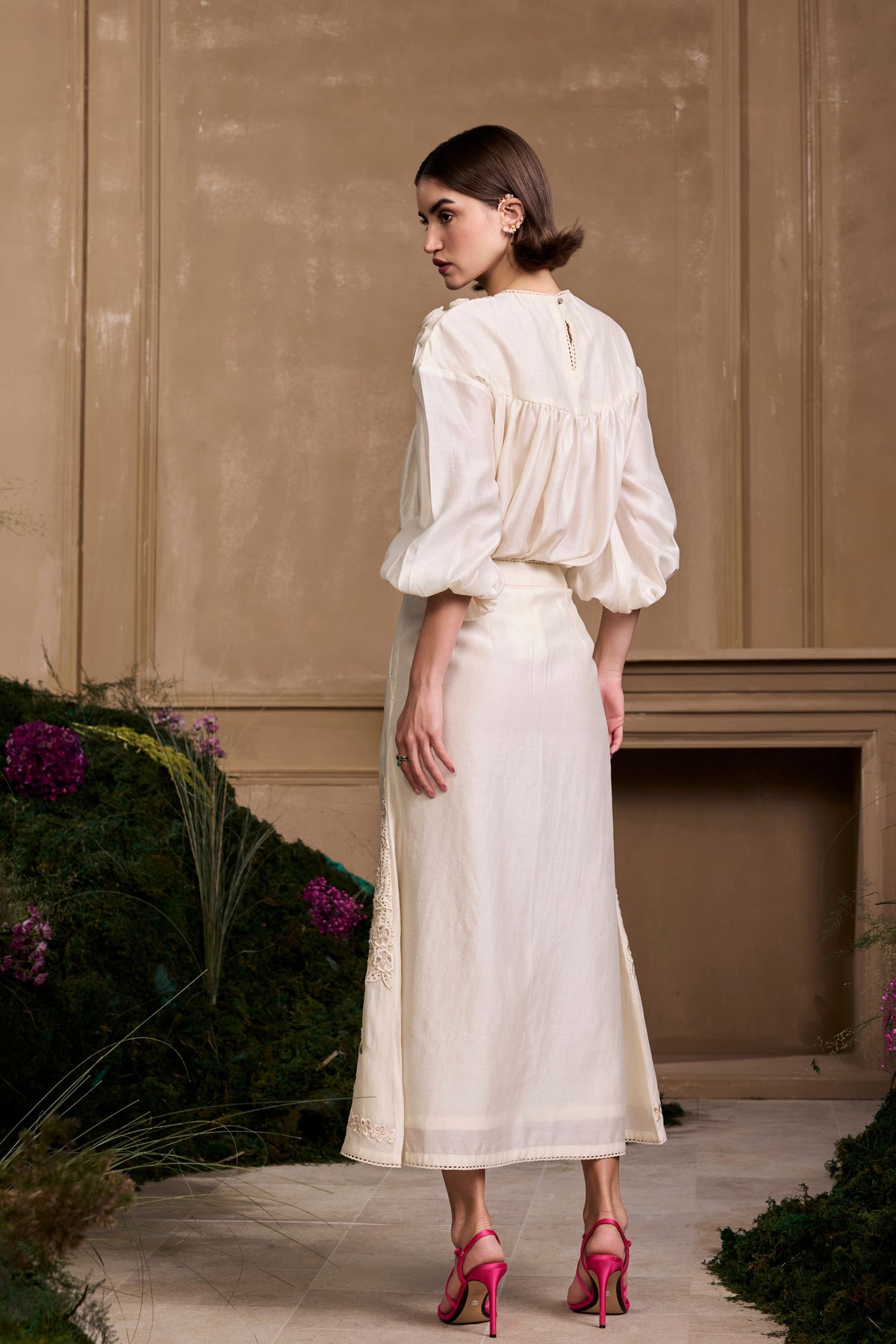 Ivory Floral Embroidered Buttondown Skirt