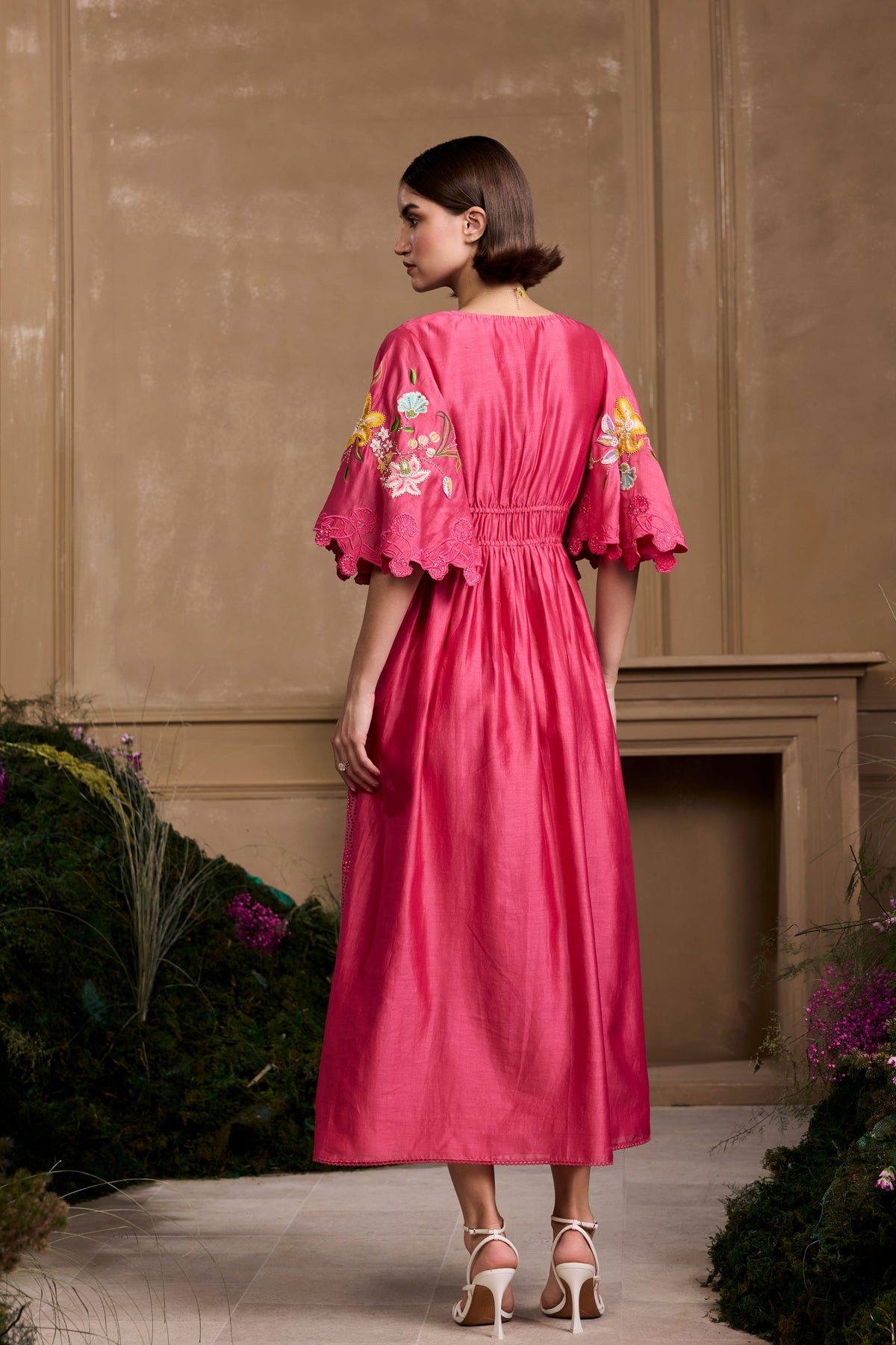 Fuchsia Floral Embroidered Ruched Dress