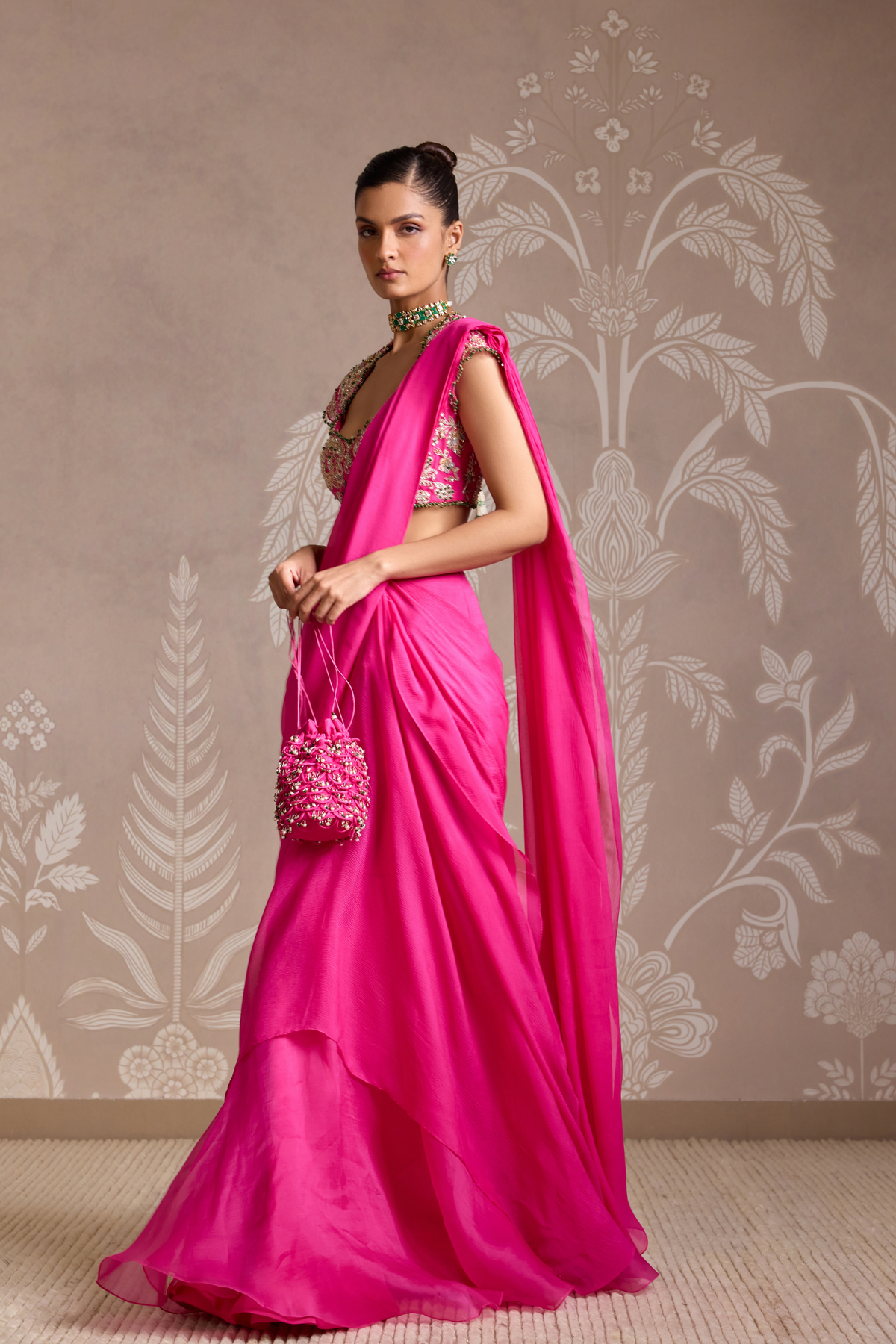Bright Fucshia Drape Saree Set